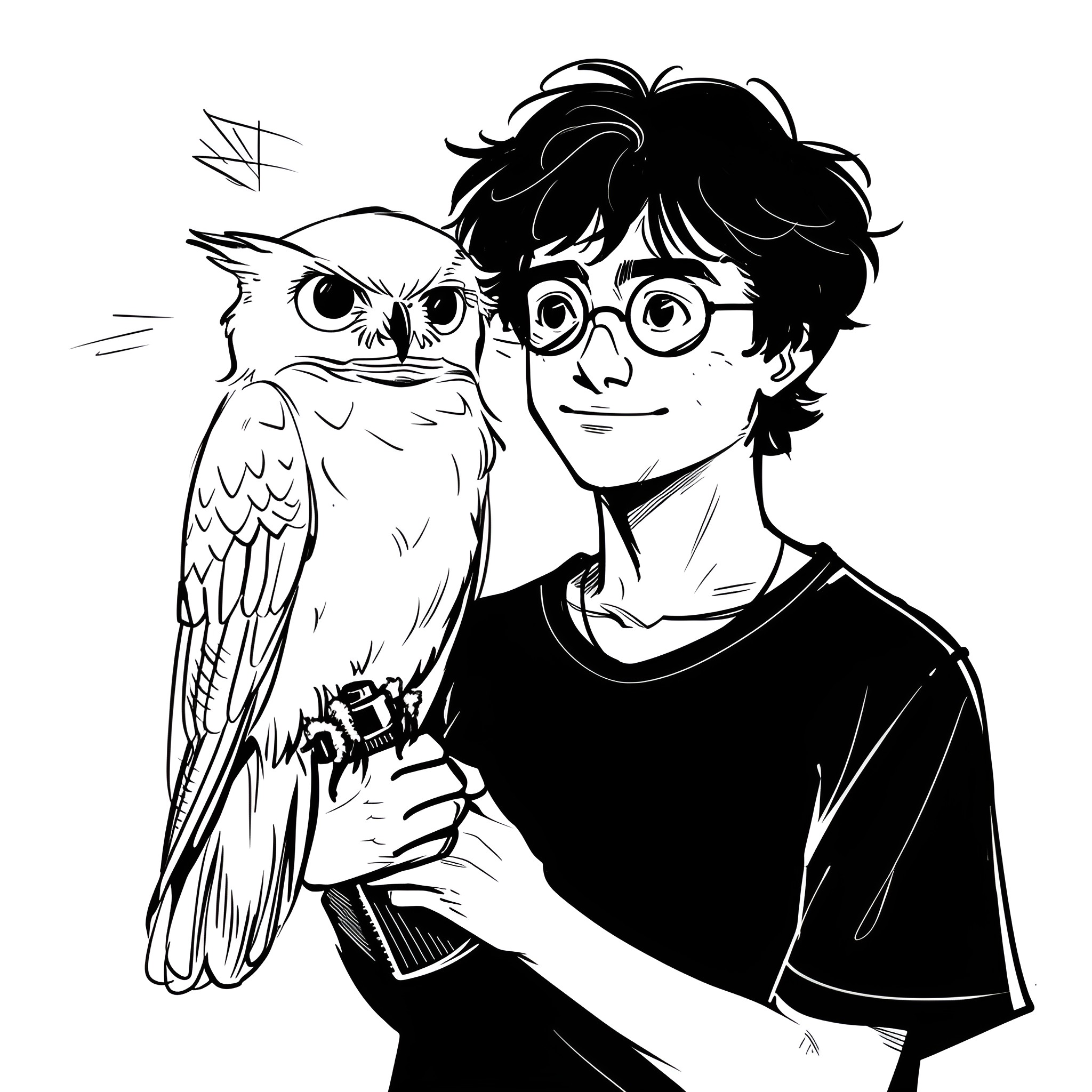 Harry Potter and his Owl Companion Drawing Idea (free black-and-white line drawing printable PDF for all, from beginners to advanced learners, including children, teens, adults, and seniors)