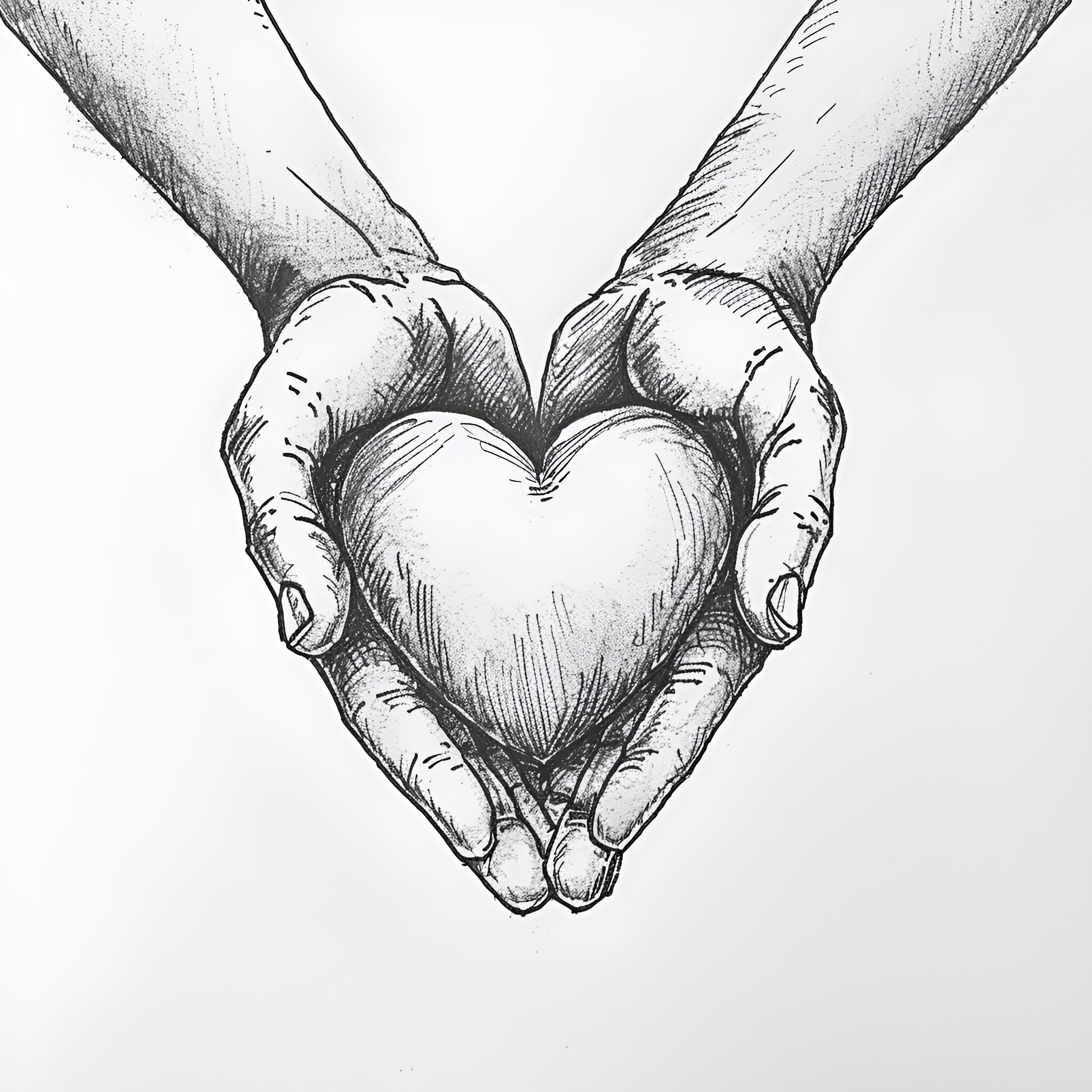 Heart held gently in cupped hands Drawing Idea (free black-and-white line drawing printable PDF for all, from beginners to advanced learners, including children, teens, adults, and seniors)