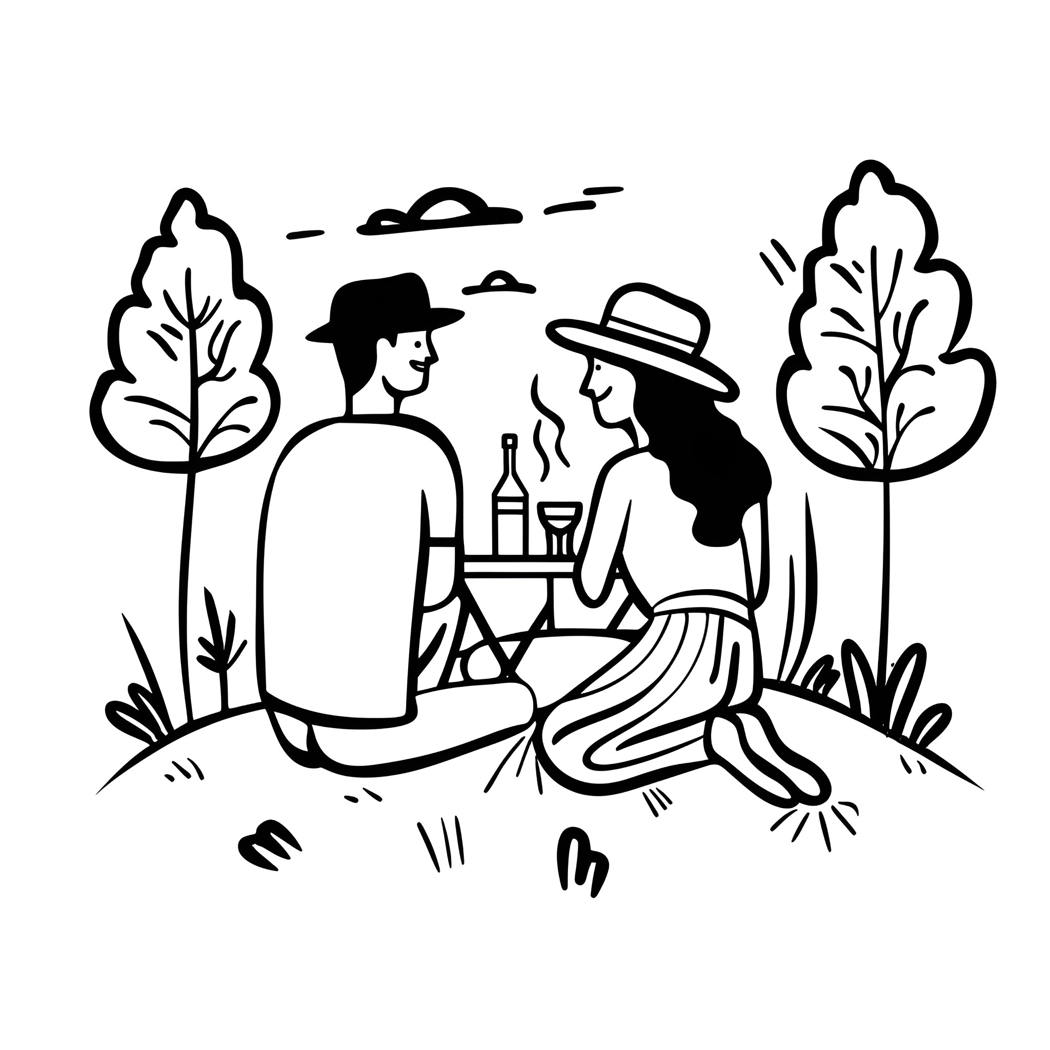 Love in the Park Drawing Idea (free black-and-white line drawing printable PDF for all, from beginners to advanced learners, including children, teens, adults, and seniors)
