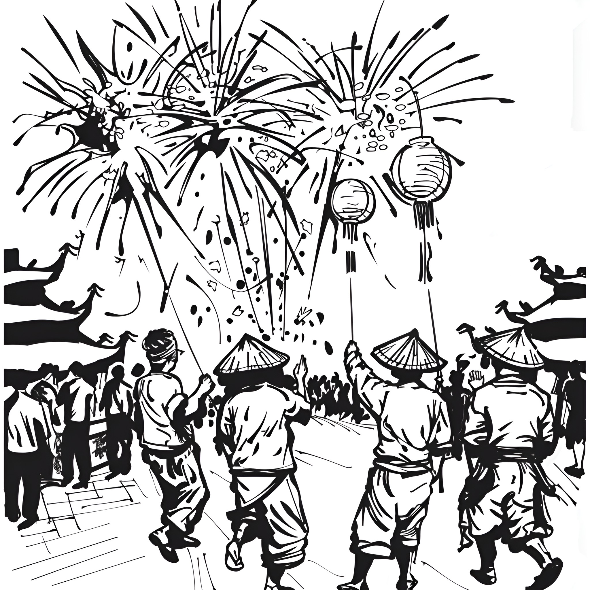 Summer festival with fireworks and crowds Drawing Idea (free black-and-white line drawing printable PDF for all, from beginners to advanced learners, including children, teens, adults, and seniors)