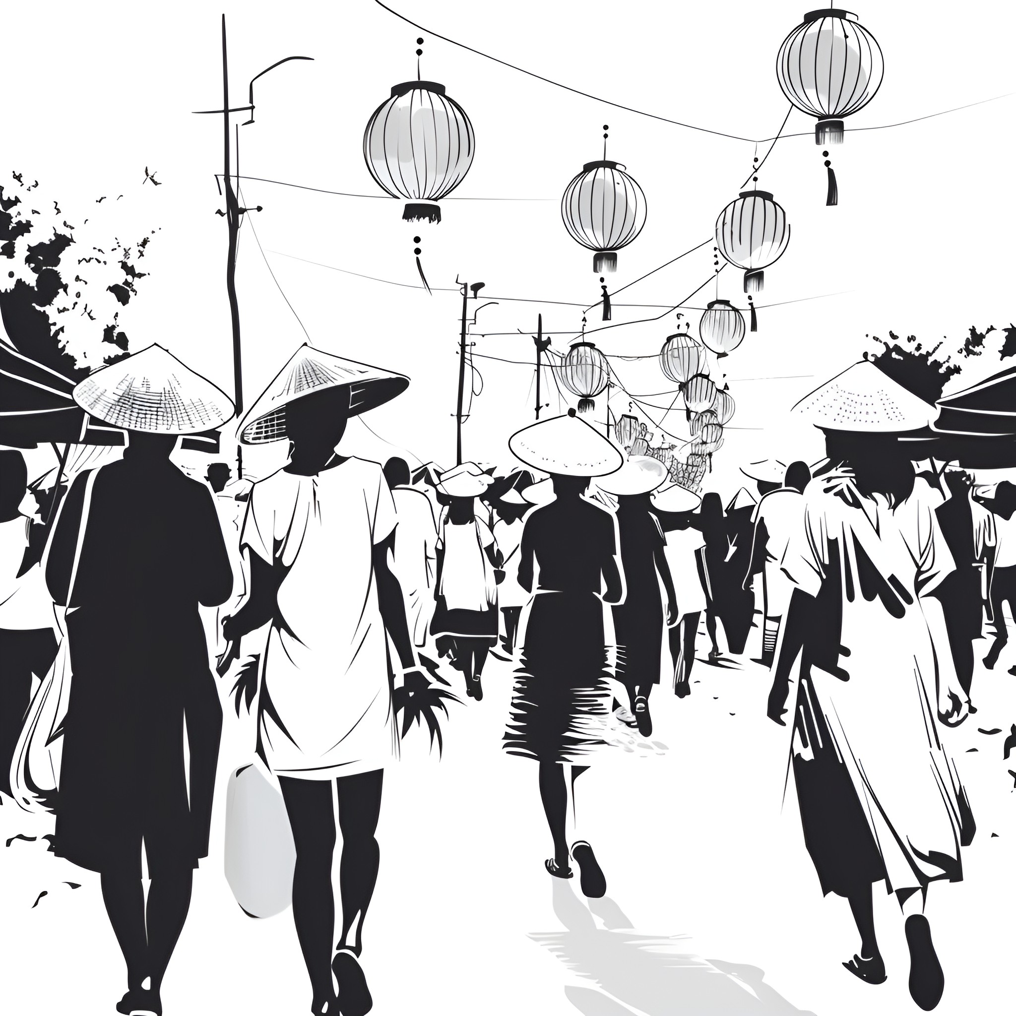 Summer night street festival with lanterns Drawing Idea (free black-and-white line drawing printable PDF for all, from beginners to advanced learners, including children, teens, adults, and seniors)