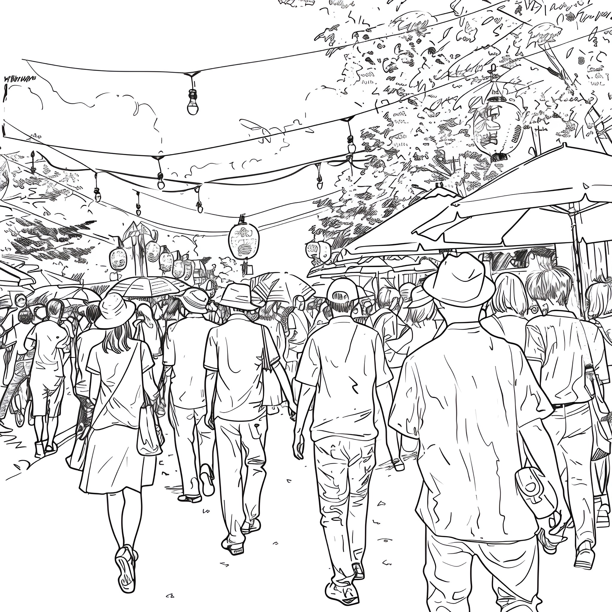 Summer Street Market Festival Crowd Drawing Idea (free black-and-white line drawing printable PDF for all, from beginners to advanced learners, including children, teens, adults, and seniors)