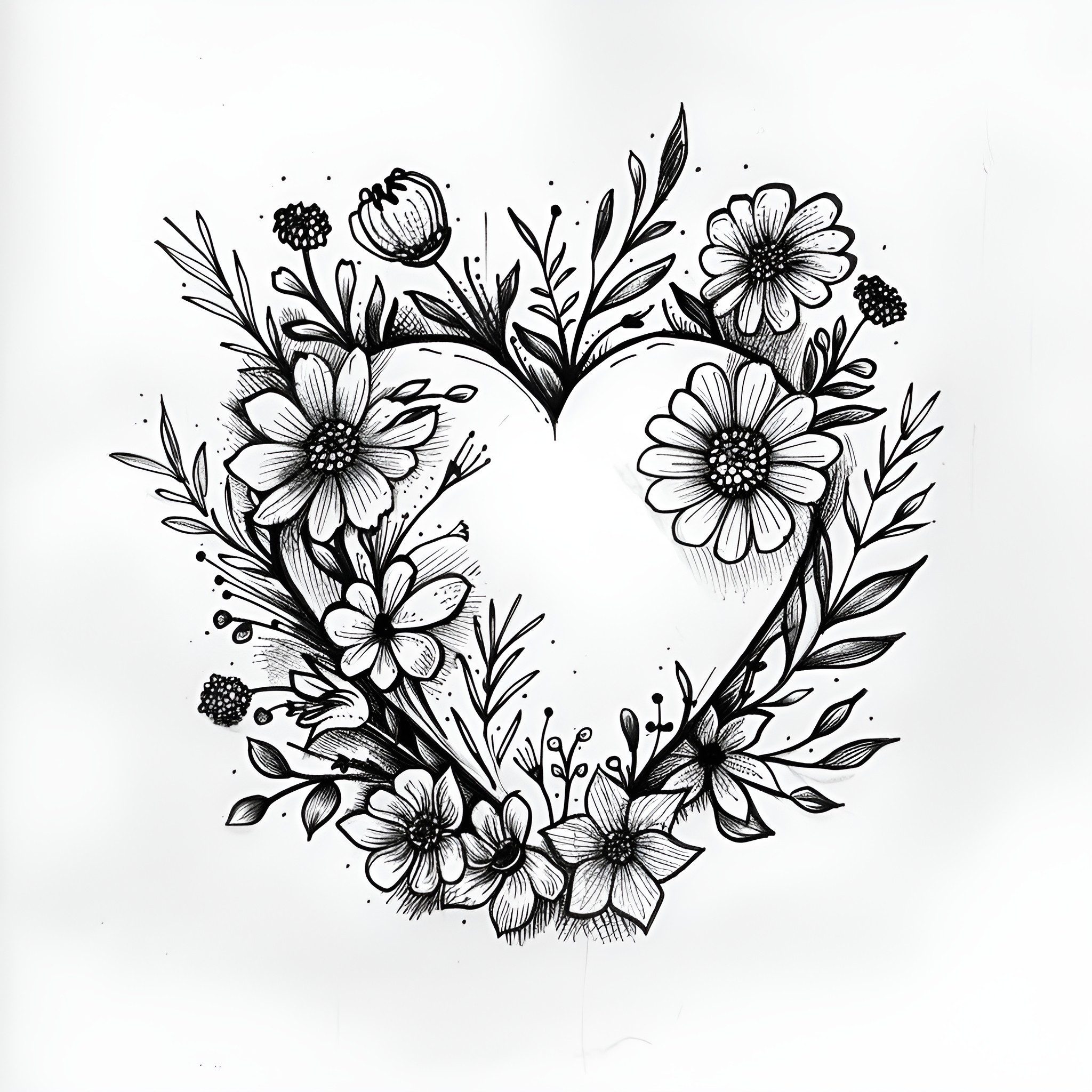 Heart Shaped Floral Bouquet Drawing Idea (free black-and-white line drawing printable PDF for all, from beginners to advanced learners, including children, teens, adults, and seniors)