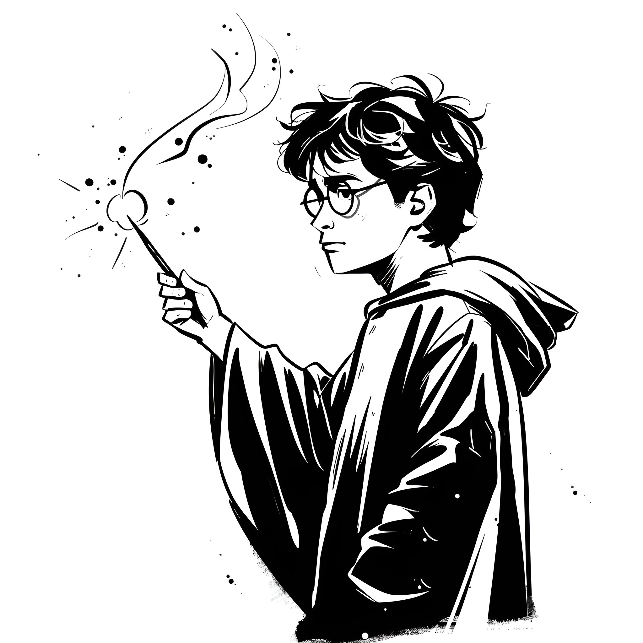 Harry Potter casting magical spell Drawing Idea (free black-and-white line drawing printable PDF for all, from beginners to advanced learners, including children, teens, adults, and seniors)