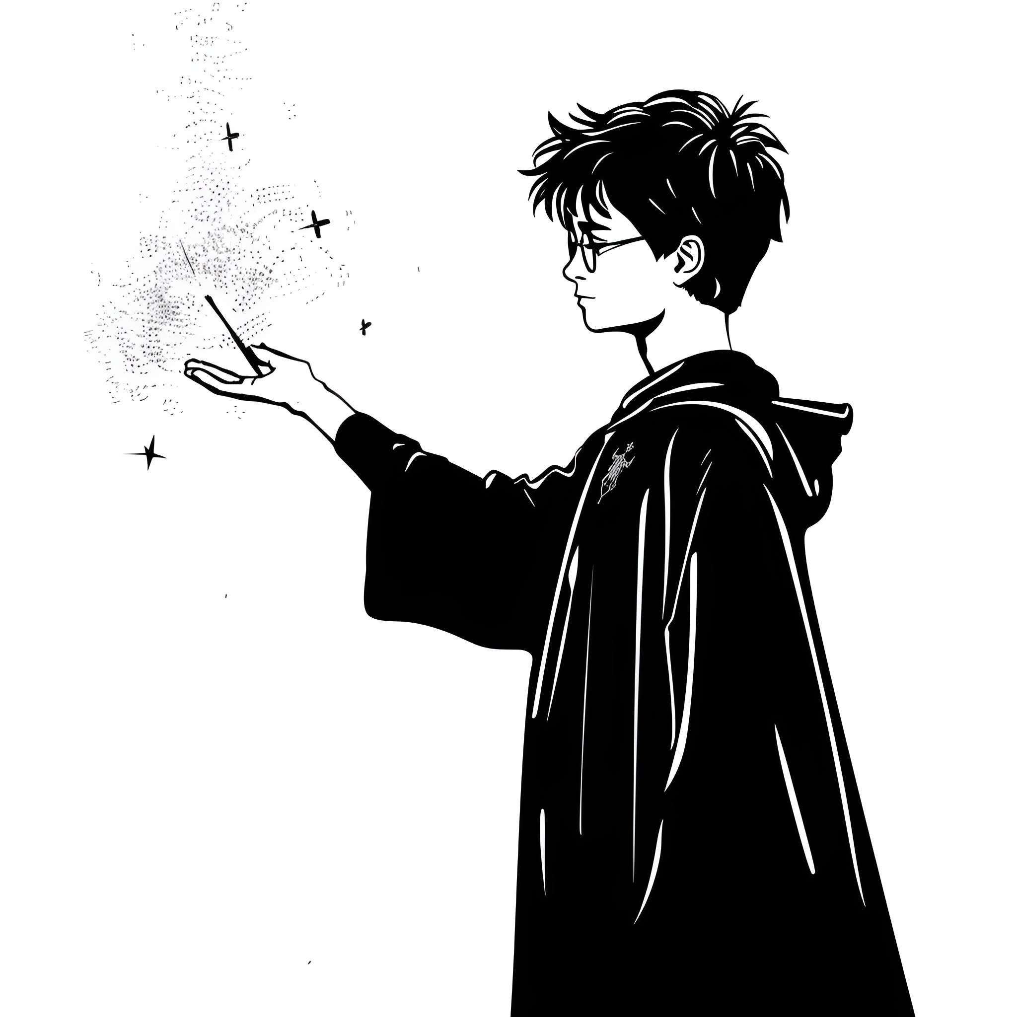 Harry Potter casting spells Drawing Idea (free black-and-white line drawing printable PDF for all, from beginners to advanced learners, including children, teens, adults, and seniors)