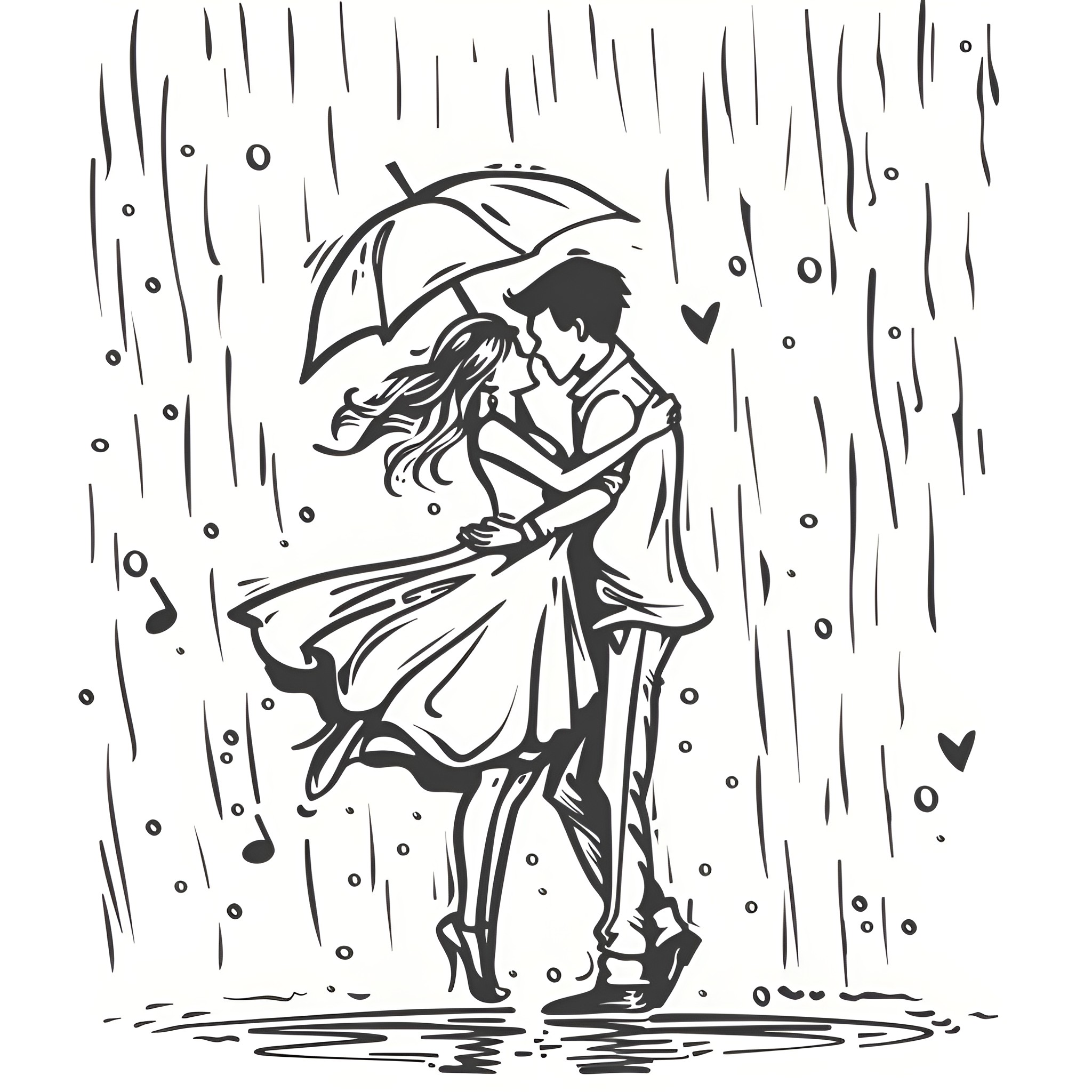 Love dancing under the rain Drawing Idea (free black-and-white line drawing printable PDF for all, from beginners to advanced learners, including children, teens, adults, and seniors)