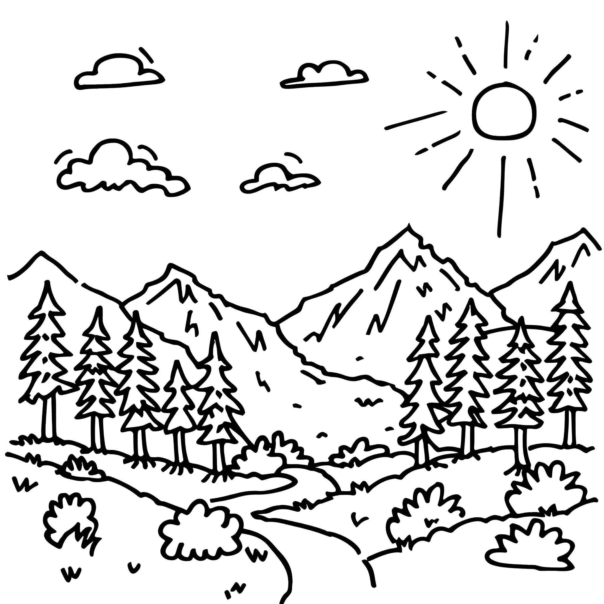 Summer mountain landscape with nature elements Drawing Idea (free black-and-white line drawing printable PDF for all, from beginners to advanced learners, including children, teens, adults, and seniors)