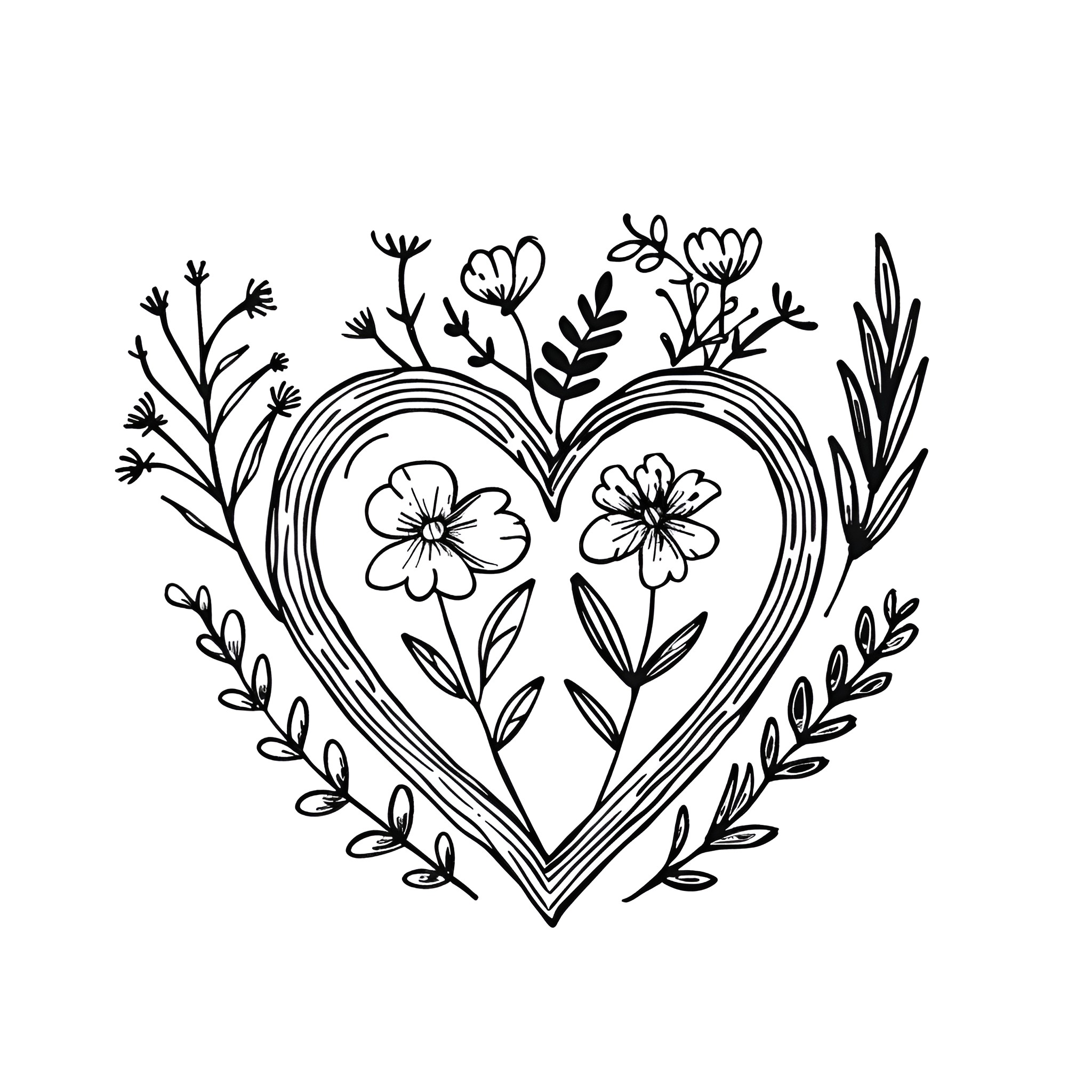 Heart-shaped floral and botanical design Drawing Idea (free black-and-white line drawing printable PDF for all, from beginners to advanced learners, including children, teens, adults, and seniors)