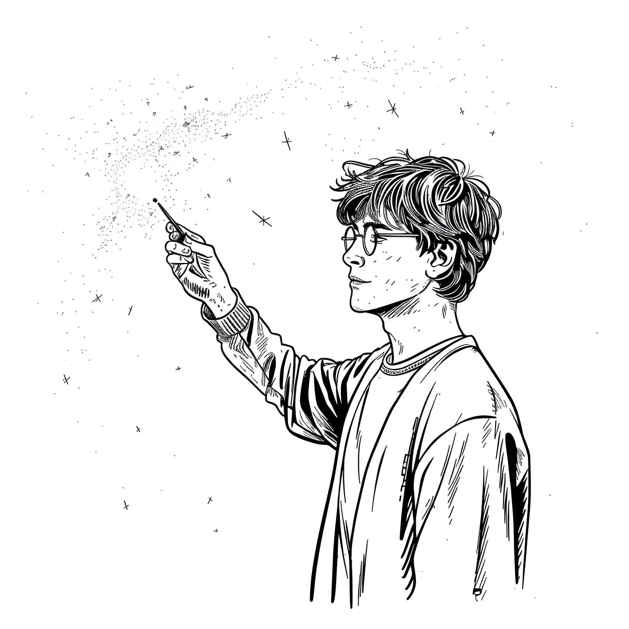 Harry Potter casting spells with his wand Drawing Idea (free black-and-white line drawing printable PDF for all, from beginners to advanced learners, including children, teens, adults, and seniors)