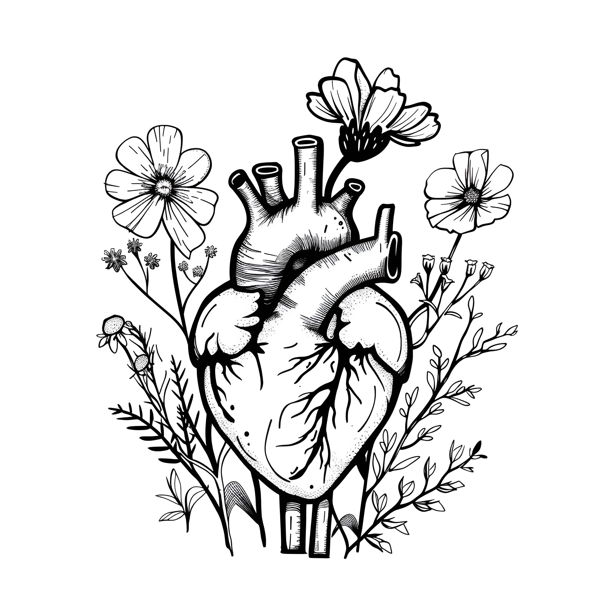 Heart surrounded by blooming flowers Drawing Idea (free black-and-white line drawing printable PDF for all, from beginners to advanced learners, including children, teens, adults, and seniors)