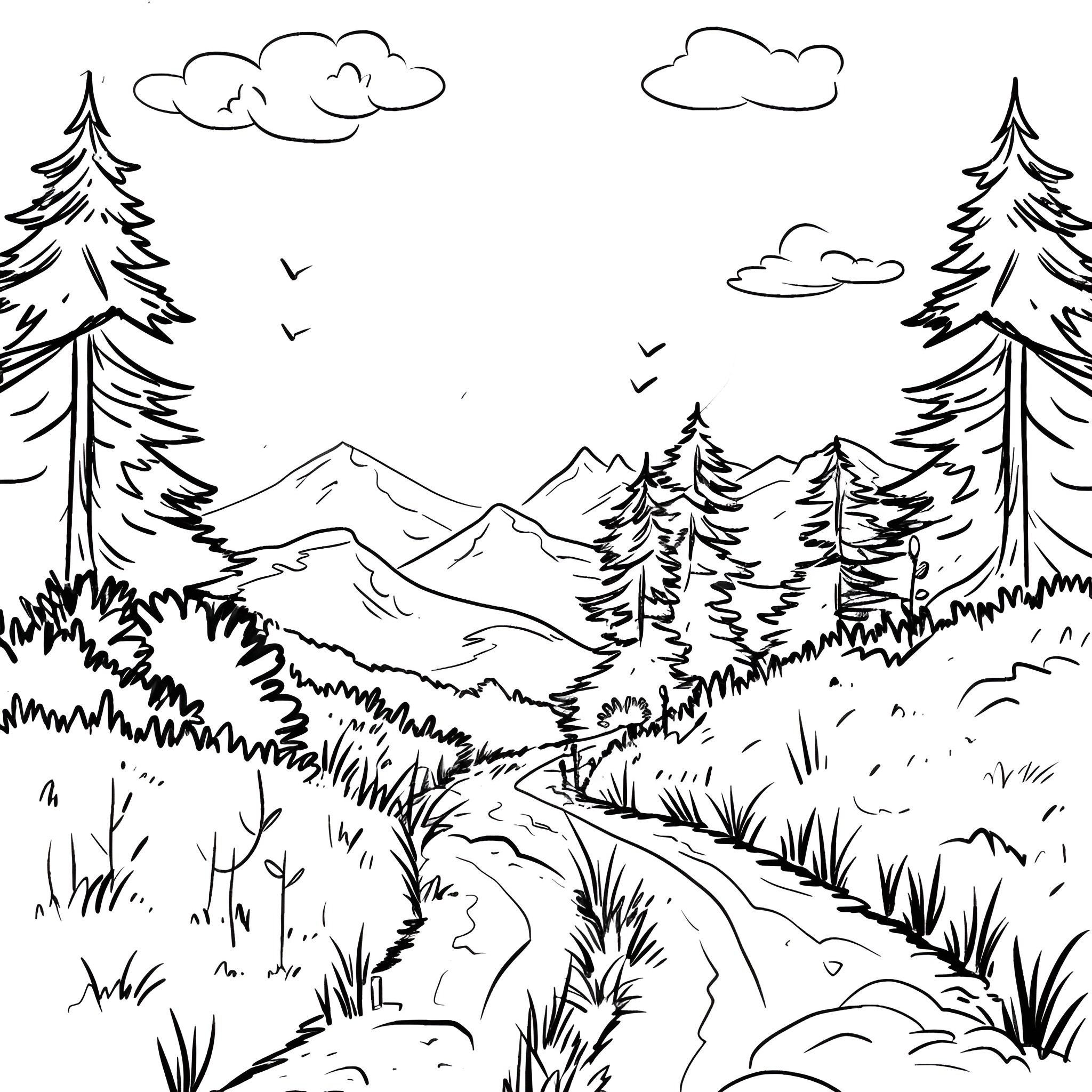 Summer mountain landscape with forest path Drawing Idea (free black-and-white line drawing printable PDF for all, from beginners to advanced learners, including children, teens, adults, and seniors)