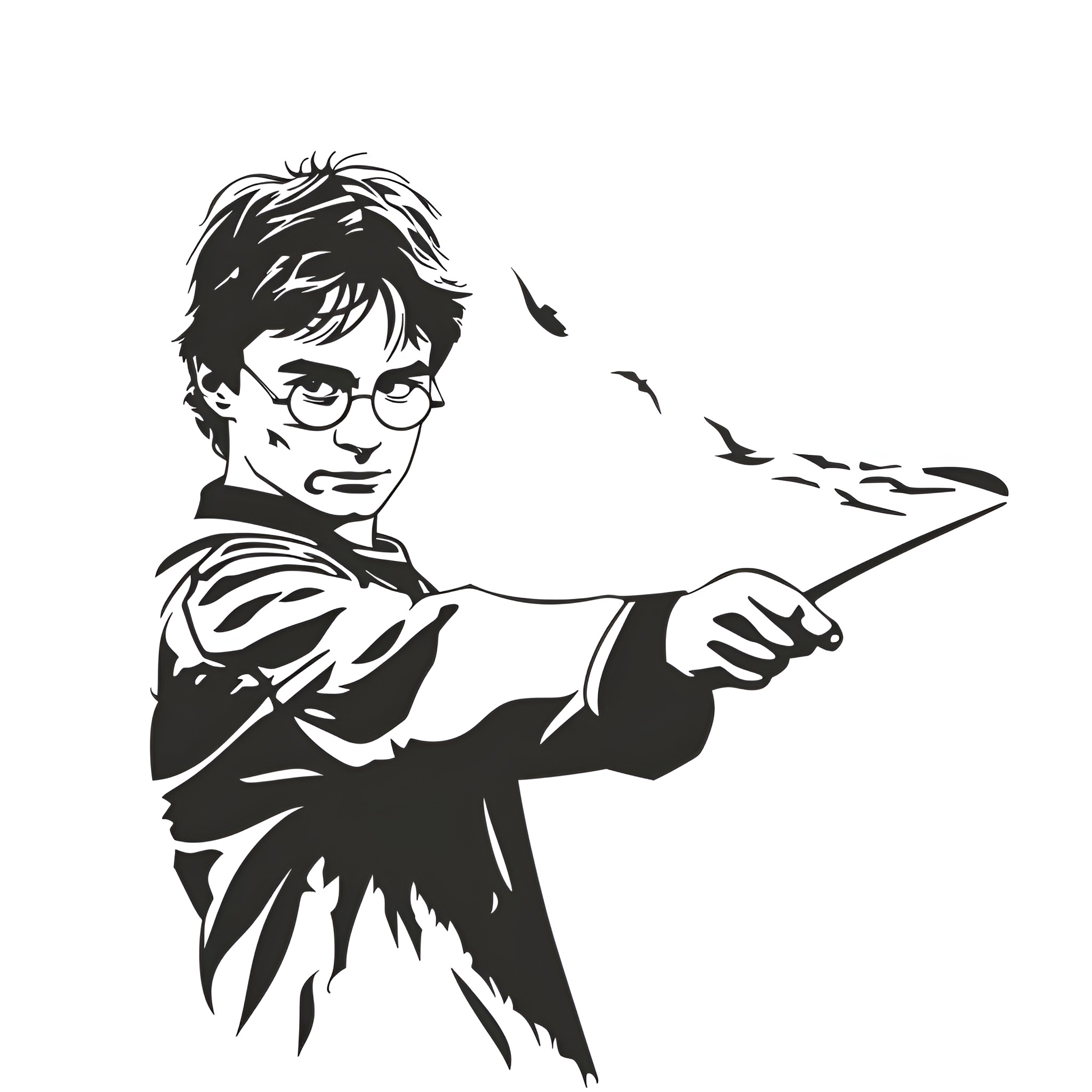 Harry Potter casting spell with wand Drawing Idea (free black-and-white line drawing printable PDF for all, from beginners to advanced learners, including children, teens, adults, and seniors)