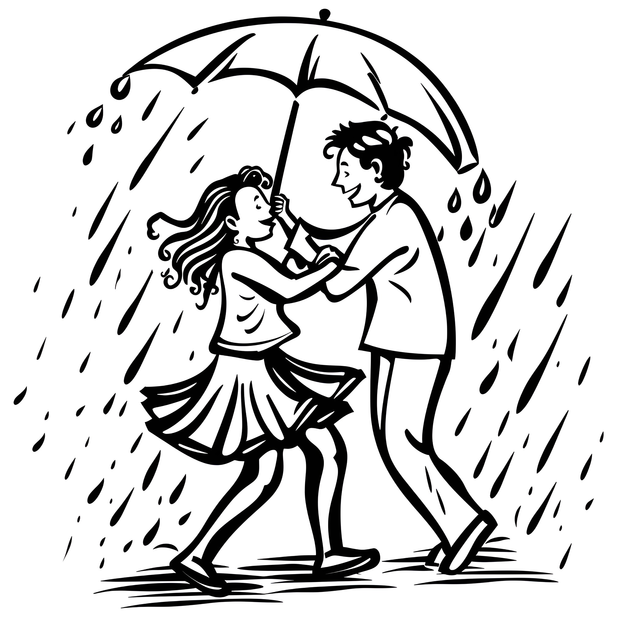 Love in the rain: a couple dancing and embracing Drawing Idea (free black-and-white line drawing printable PDF for all, from beginners to advanced learners, including children, teens, adults, and seniors)