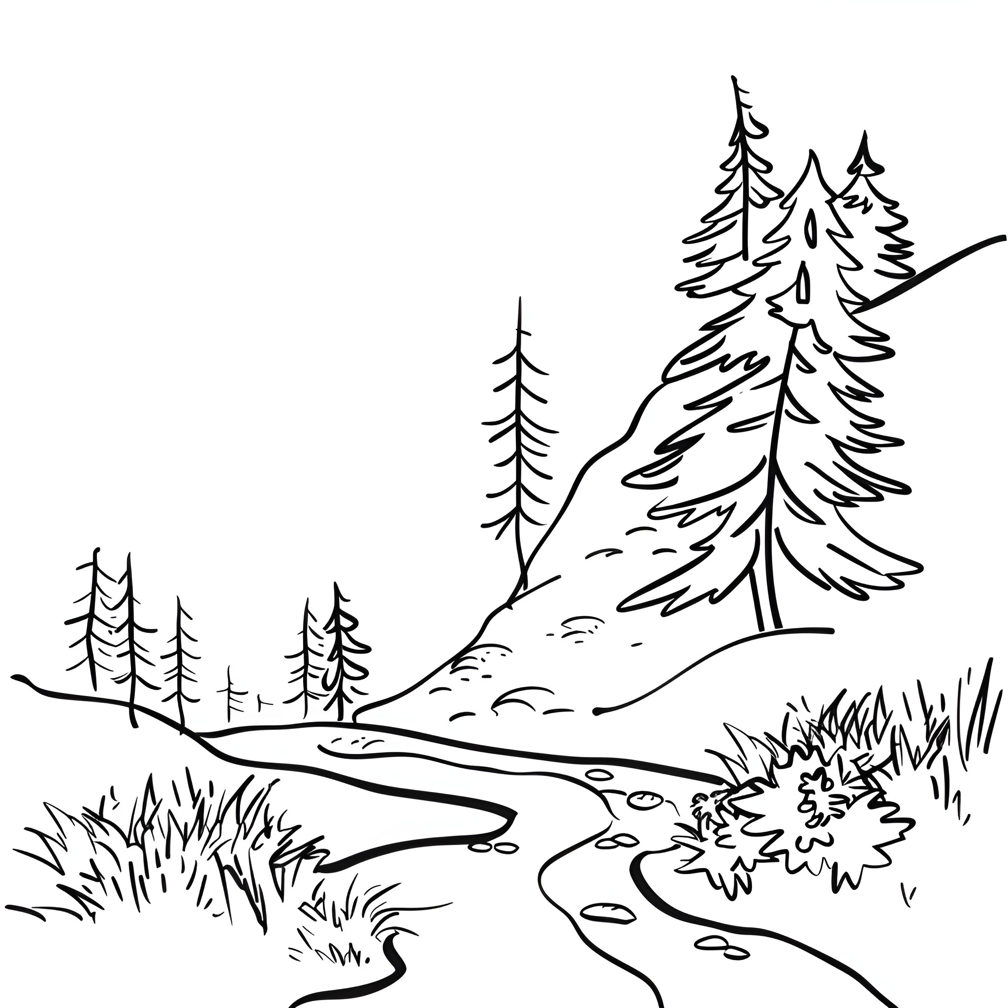 Summer nature landscape with forest Drawing Idea (free black-and-white line drawing printable PDF for all, from beginners to advanced learners, including children, teens, adults, and seniors)