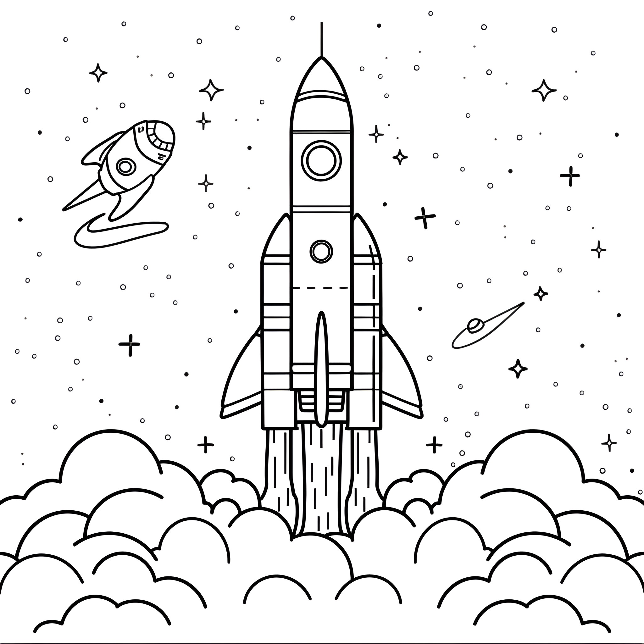 Outer Space Rocket Launching with Cartoon Spaceship Drawing Idea (free black-and-white line drawing printable PDF for all, from beginners to advanced learners, including children, teens, adults, and seniors)