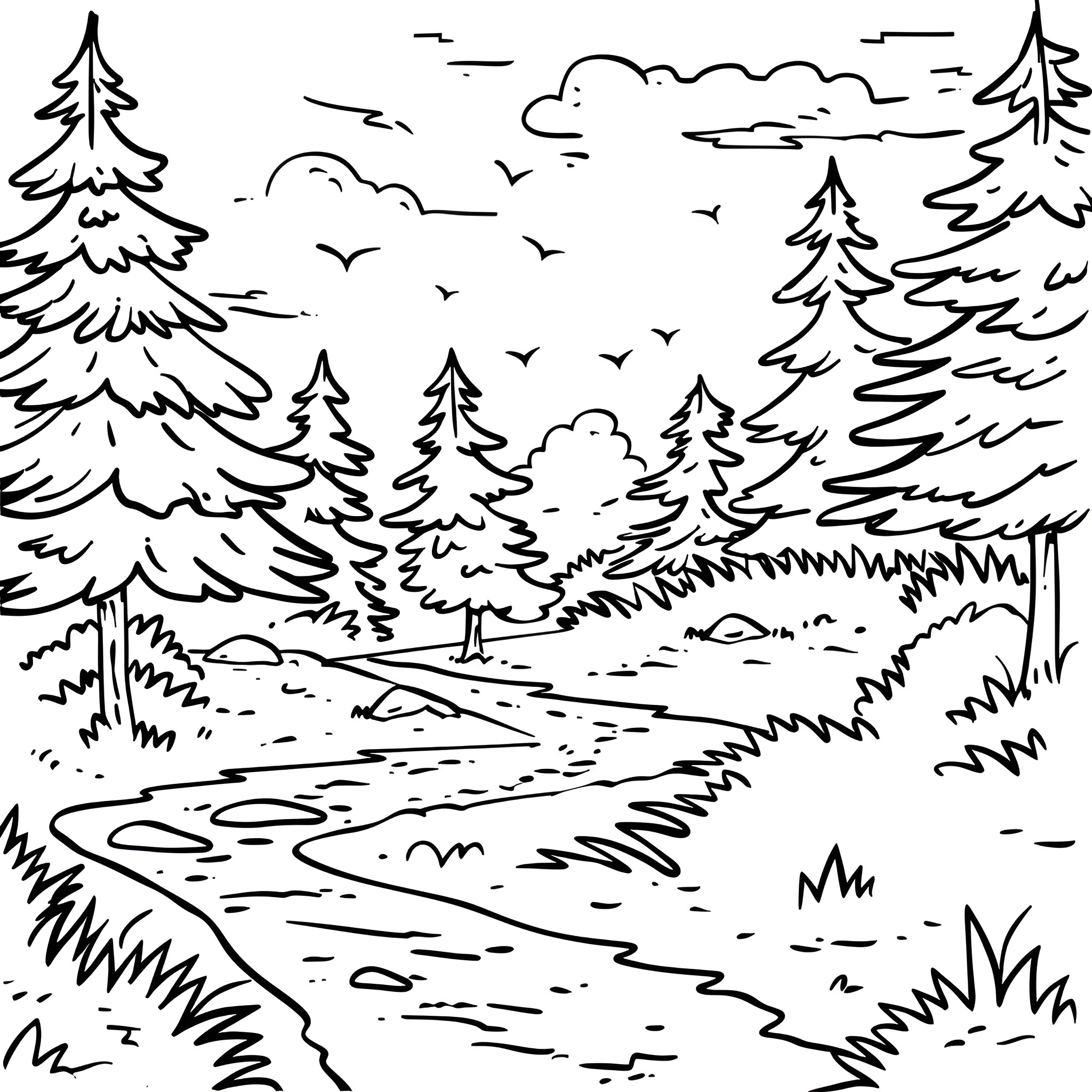 Summer path through scenic forest landscape Drawing Idea (free black-and-white line drawing printable PDF for all, from beginners to advanced learners, including children, teens, adults, and seniors)