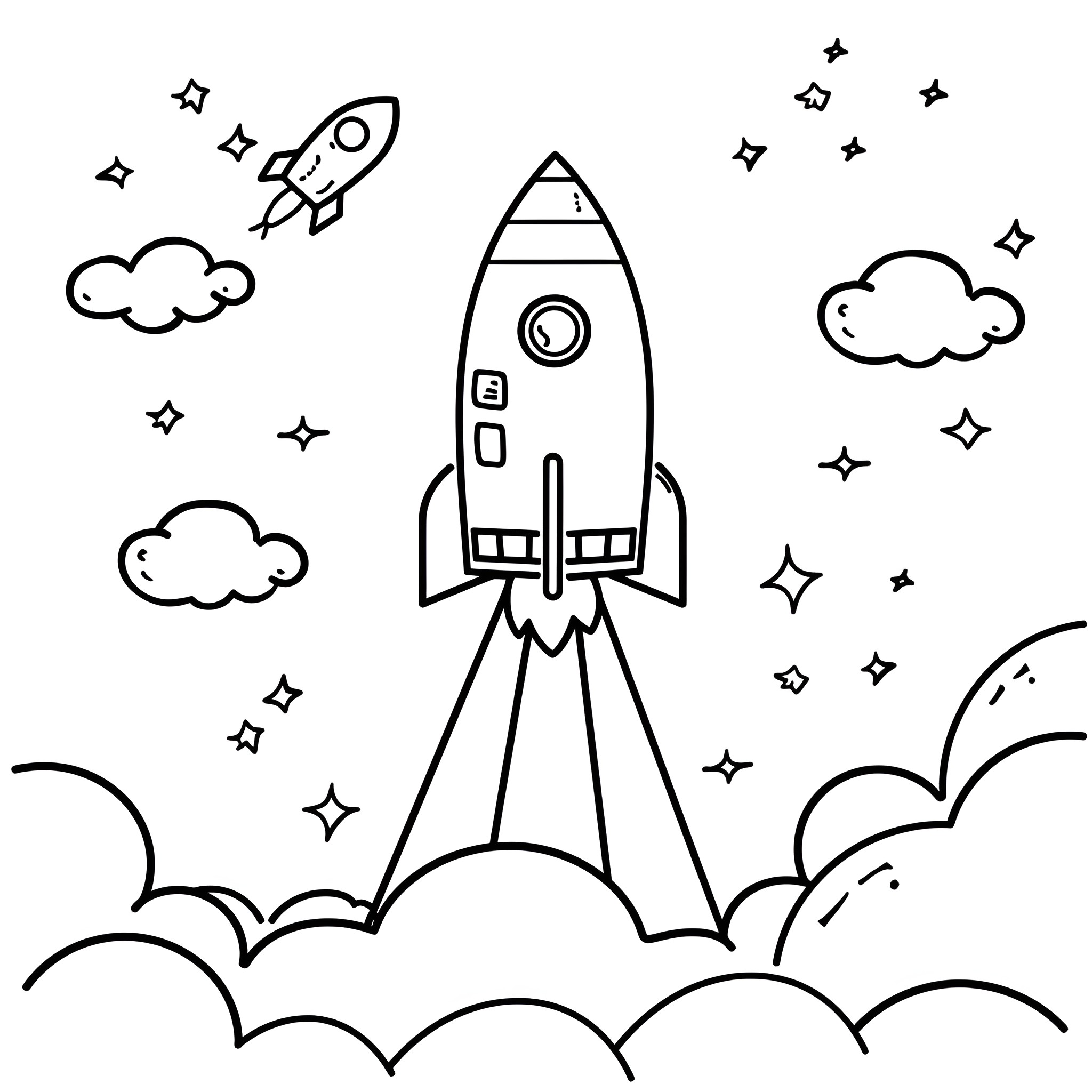 Outer Space Rocket Launch Adventure Drawing Idea (free black-and-white line drawing printable PDF for all, from beginners to advanced learners, including children, teens, adults, and seniors)