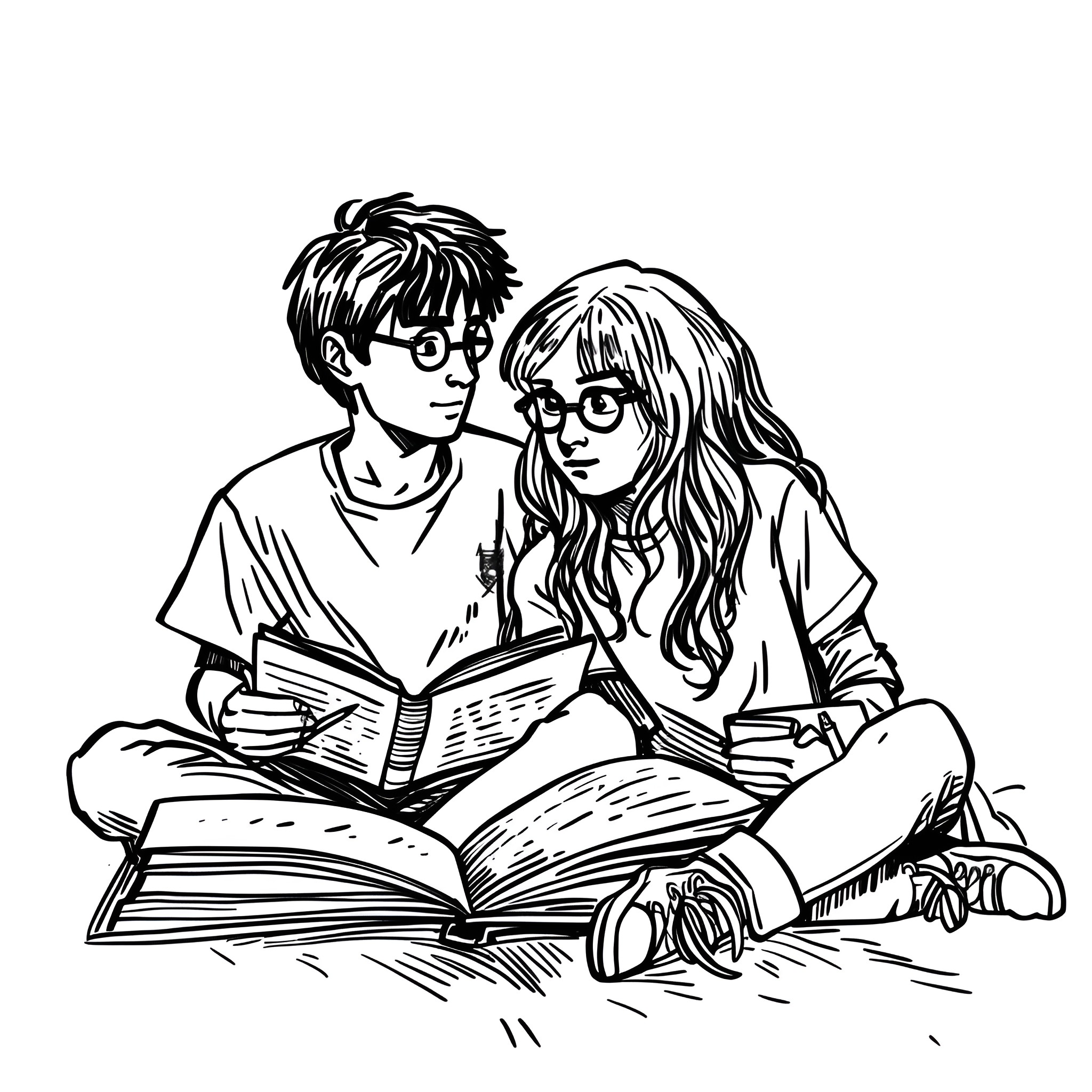Harry Potter and Hermione studying together Drawing Idea (free black-and-white line drawing printable PDF for all, from beginners to advanced learners, including children, teens, adults, and seniors)