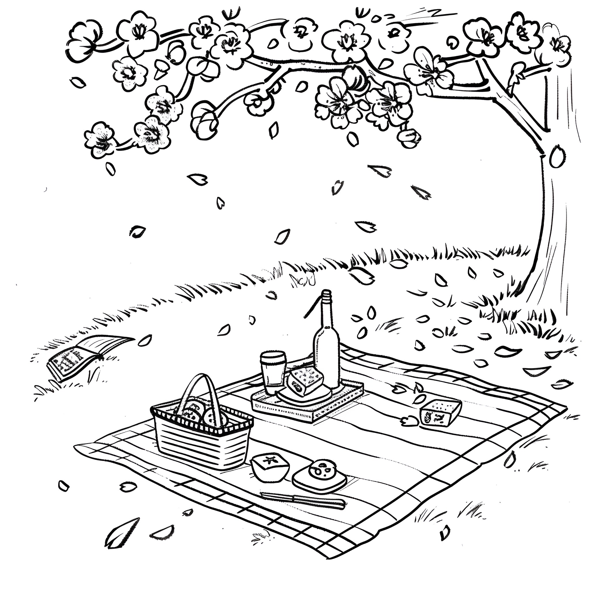Unique Outdoor Picnic Scene under Blossoming Tree Drawing Idea (free black-and-white line drawing printable PDF for all, from beginners to advanced learners, including children, teens, adults, and seniors)