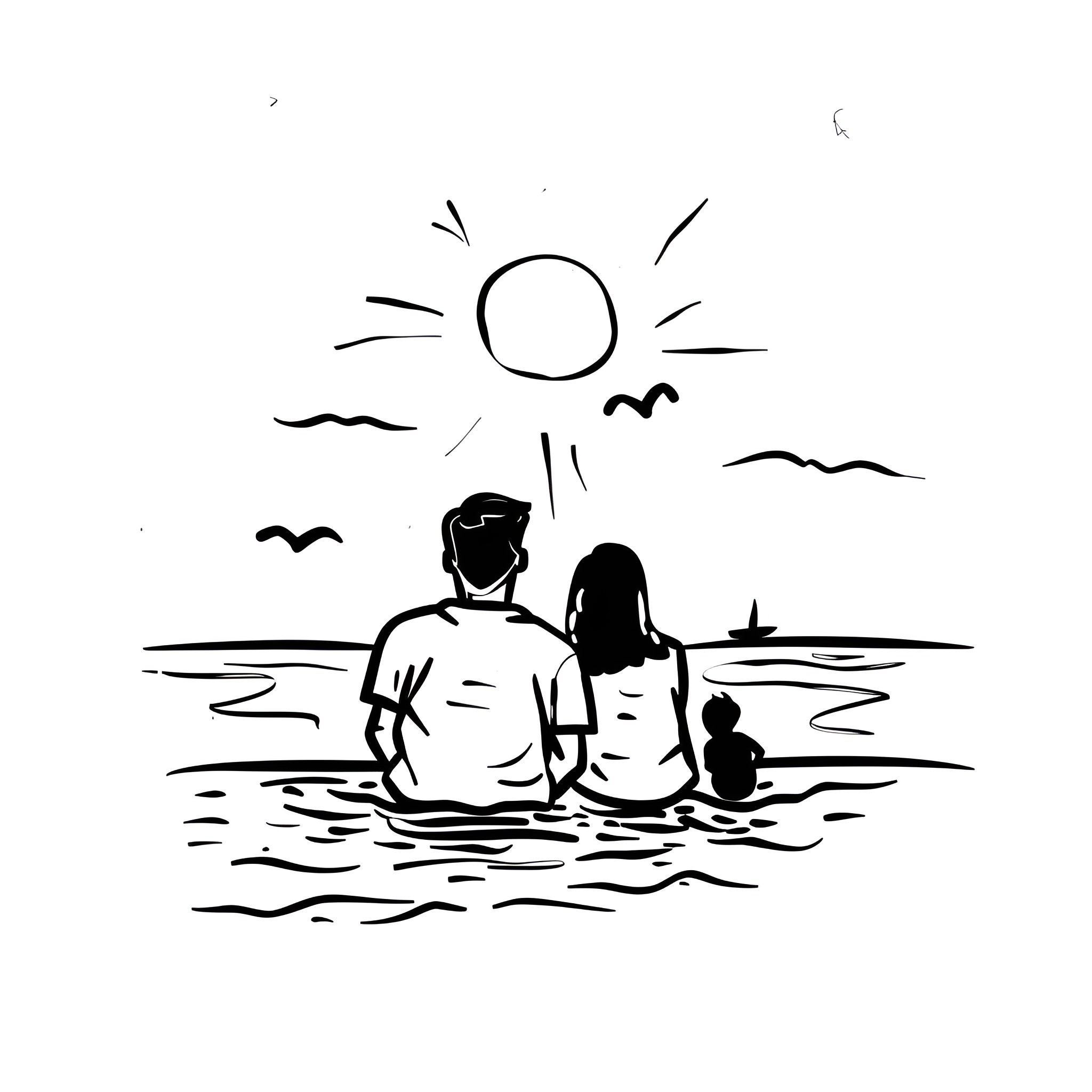 Love by the Peaceful Seaside Drawing Idea (free black-and-white line drawing printable PDF for all, from beginners to advanced learners, including children, teens, adults, and seniors)