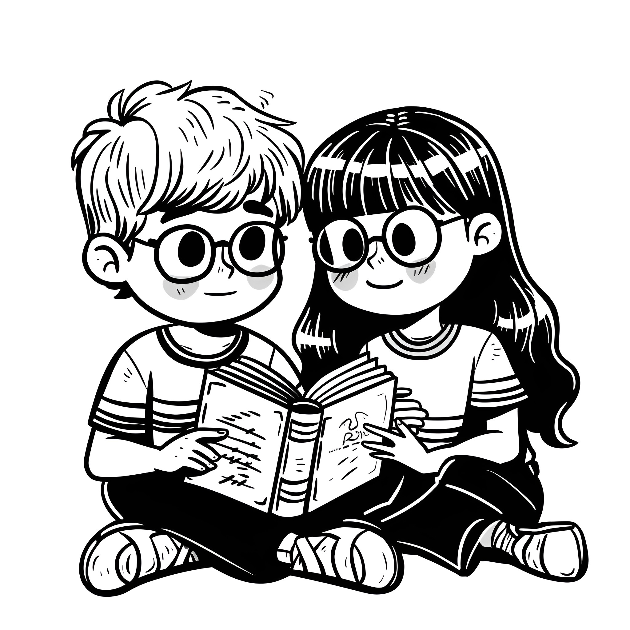 Harry Potter kids reading books together Drawing Idea (free black-and-white line drawing printable PDF for all, from beginners to advanced learners, including children, teens, adults, and seniors)