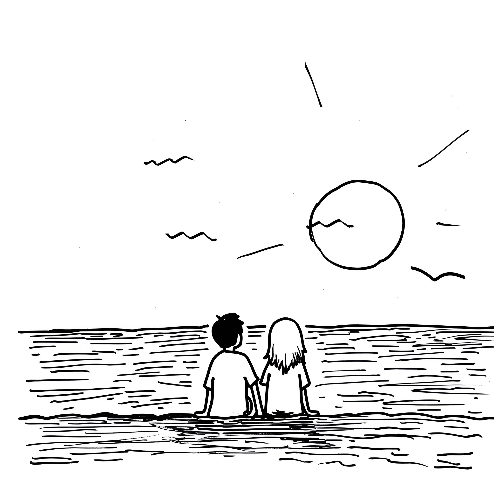 Love at the beach Drawing Idea (free black-and-white line drawing printable PDF for all, from beginners to advanced learners, including children, teens, adults, and seniors)