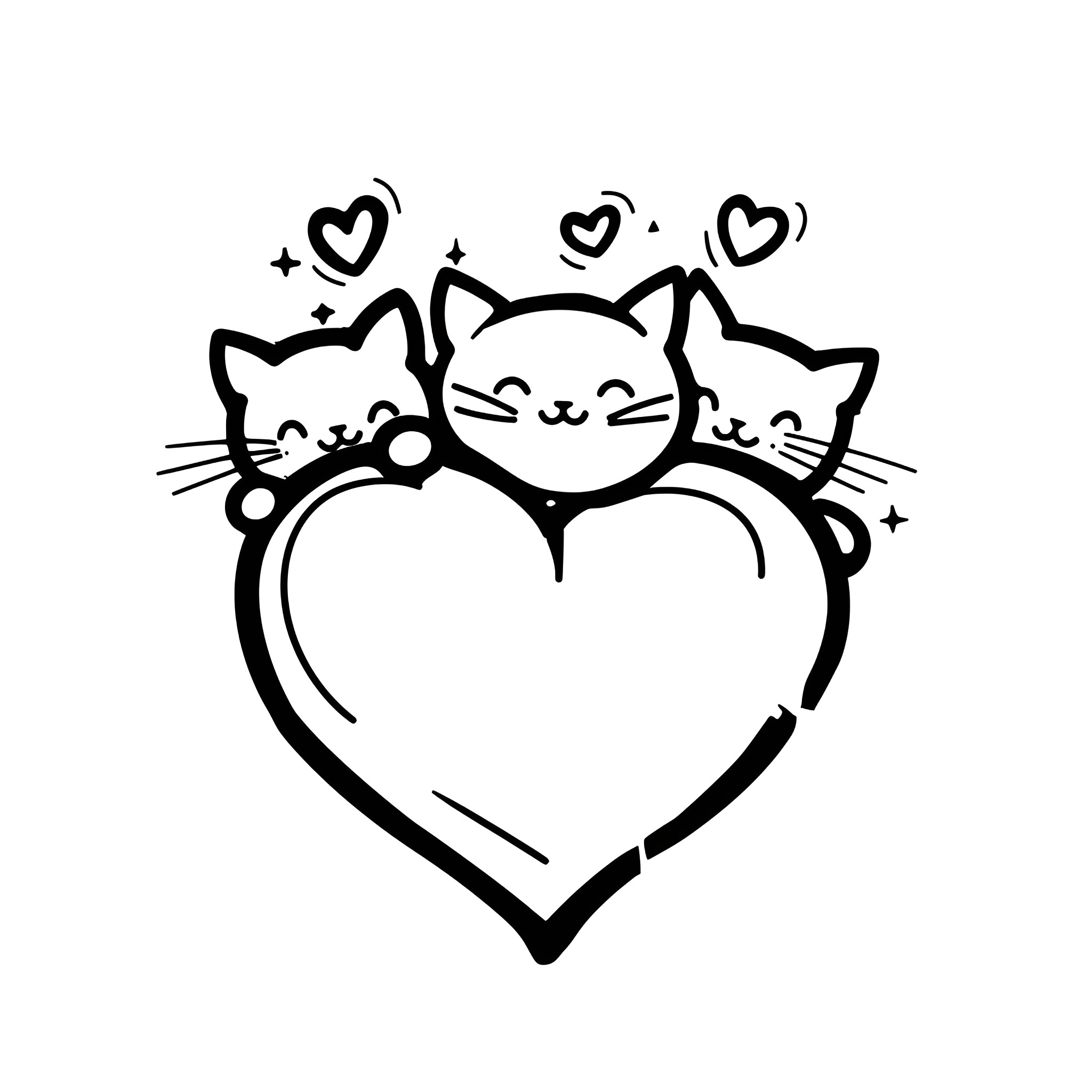 Heart-shaped cats with joyful expressions Drawing Idea (free black-and-white line drawing printable PDF for all, from beginners to advanced learners, including children, teens, adults, and seniors)