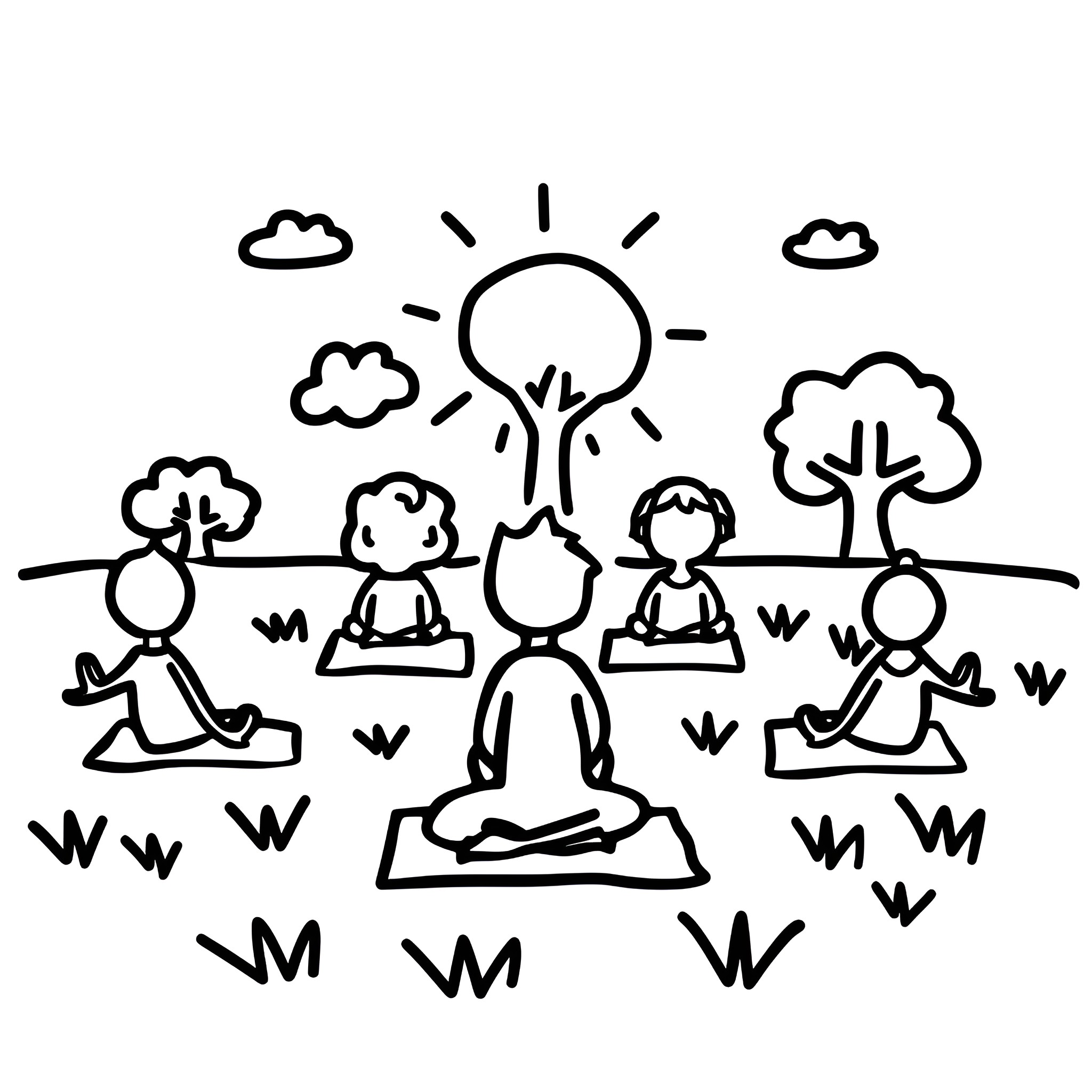Summer meditation and relaxation scene Drawing Idea (free black-and-white line drawing printable PDF for all, from beginners to advanced learners, including children, teens, adults, and seniors)