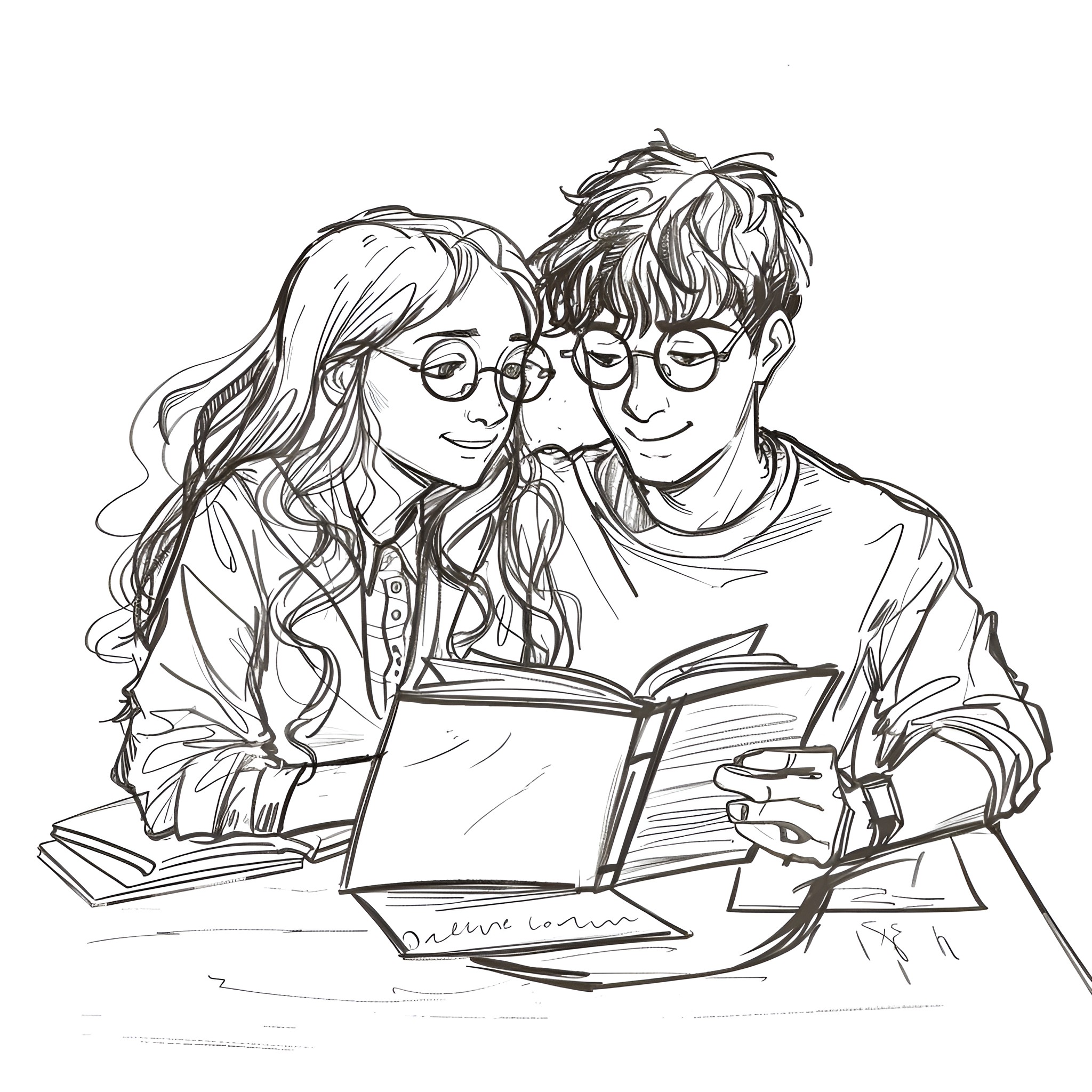 Harry Potter and Hermione studying together Drawing Idea (free black-and-white line drawing printable PDF for all, from beginners to advanced learners, including children, teens, adults, and seniors)