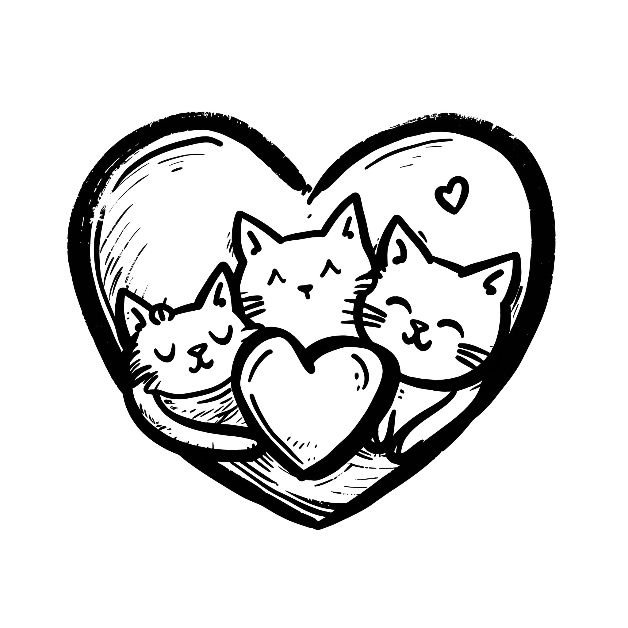 Heart-Shaped Cats Embracing Drawing Idea (free black-and-white line drawing printable PDF for all, from beginners to advanced learners, including children, teens, adults, and seniors)