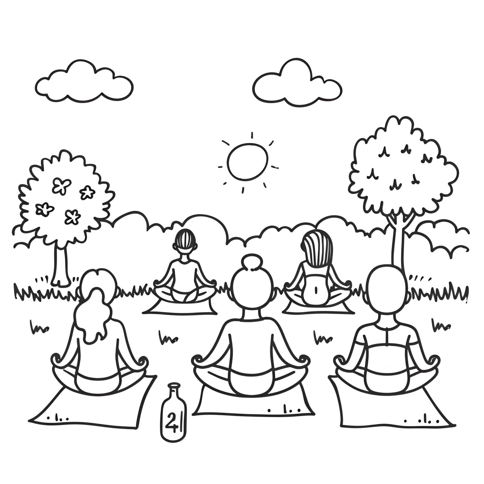 Summer friends in peaceful meditation Drawing Idea (free black-and-white line drawing printable PDF for all, from beginners to advanced learners, including children, teens, adults, and seniors)