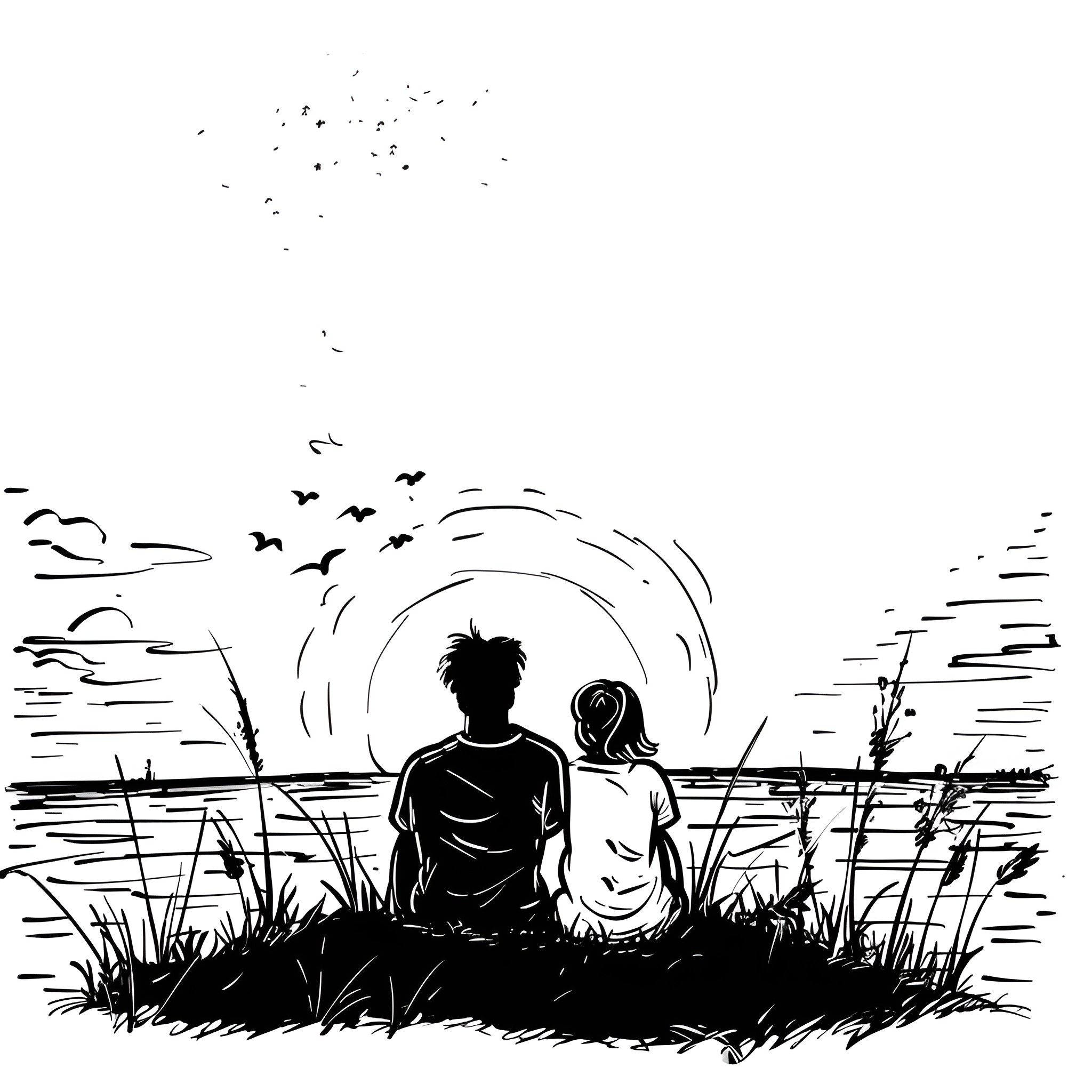 Love on the Horizon Drawing Idea (free black-and-white line drawing printable PDF for all, from beginners to advanced learners, including children, teens, adults, and seniors)