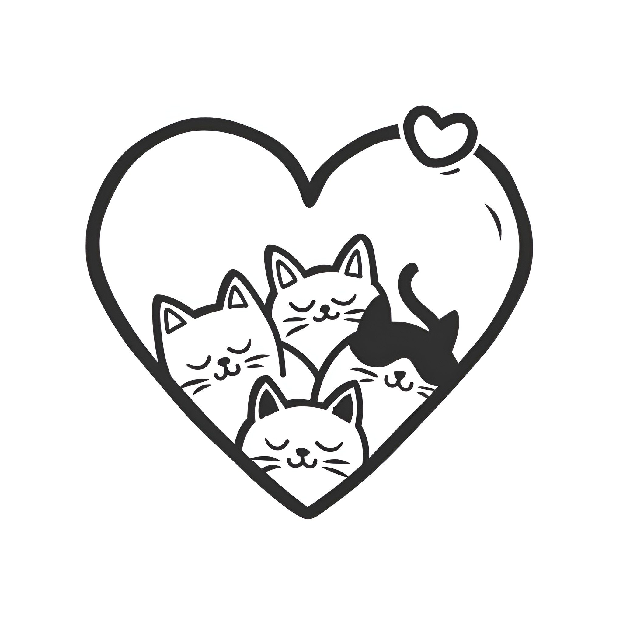 Heart-shaped cats snuggling lovingly Drawing Idea (free black-and-white line drawing printable PDF for all, from beginners to advanced learners, including children, teens, adults, and seniors)