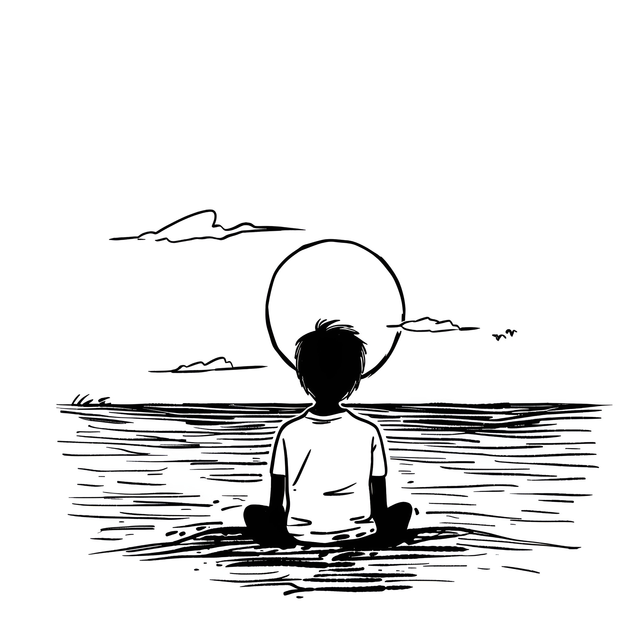 Love in the Sunset Reflection Drawing Idea (free black-and-white line drawing printable PDF for all, from beginners to advanced learners, including children, teens, adults, and seniors)