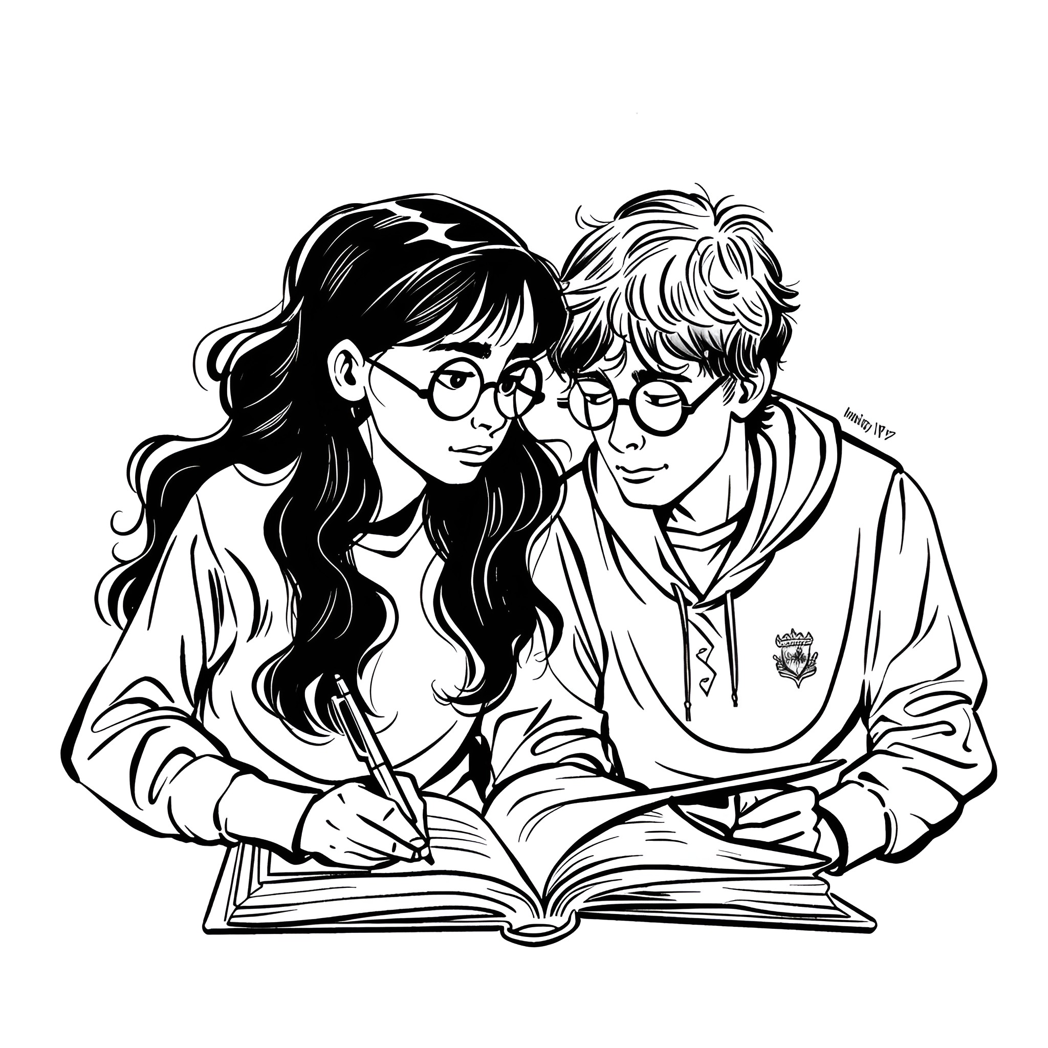 Harry Potter and Hermione studying together Drawing Idea (free black-and-white line drawing printable PDF for all, from beginners to advanced learners, including children, teens, adults, and seniors)