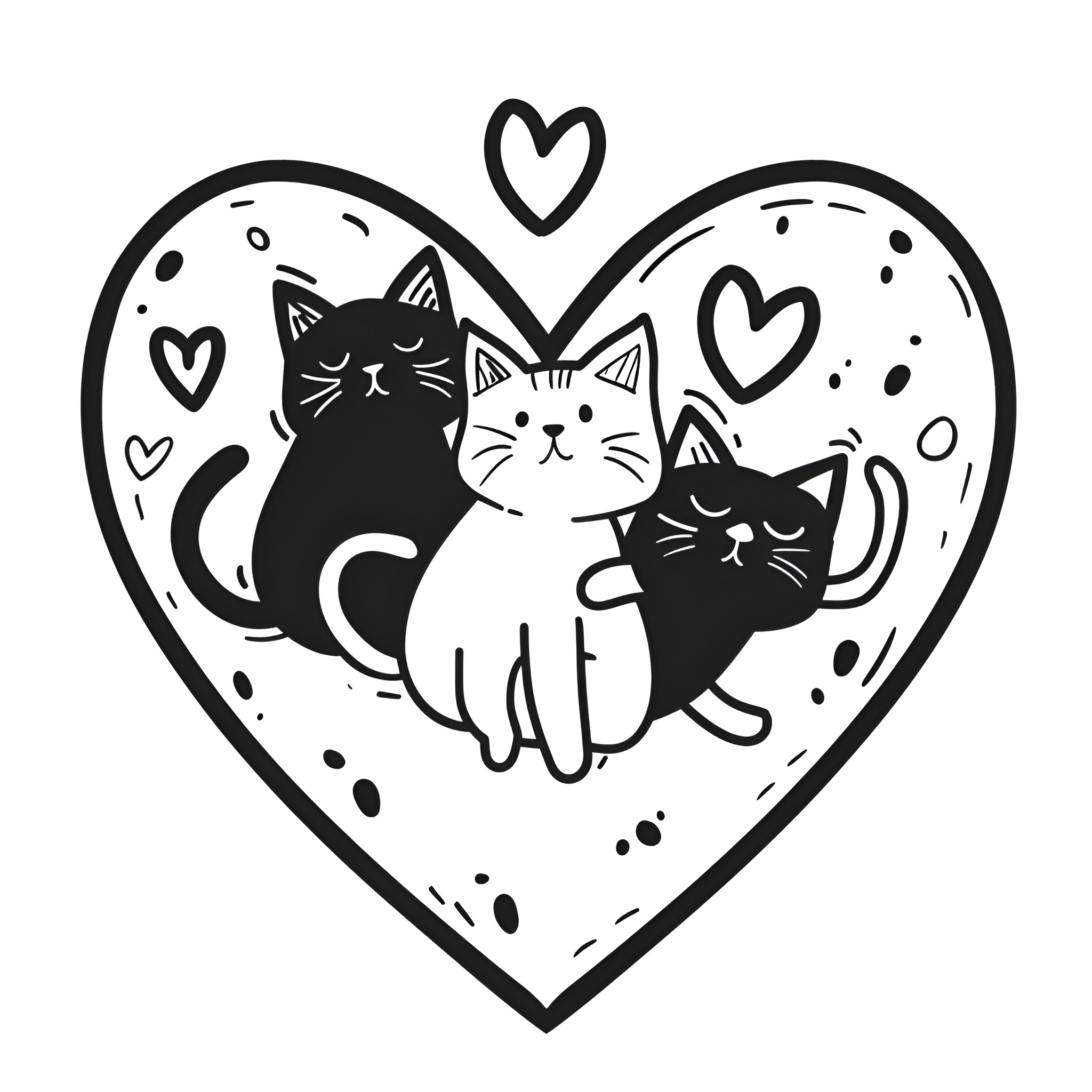 Heart-shaped scene with playful kittens Drawing Idea (free black-and-white line drawing printable PDF for all, from beginners to advanced learners, including children, teens, adults, and seniors)