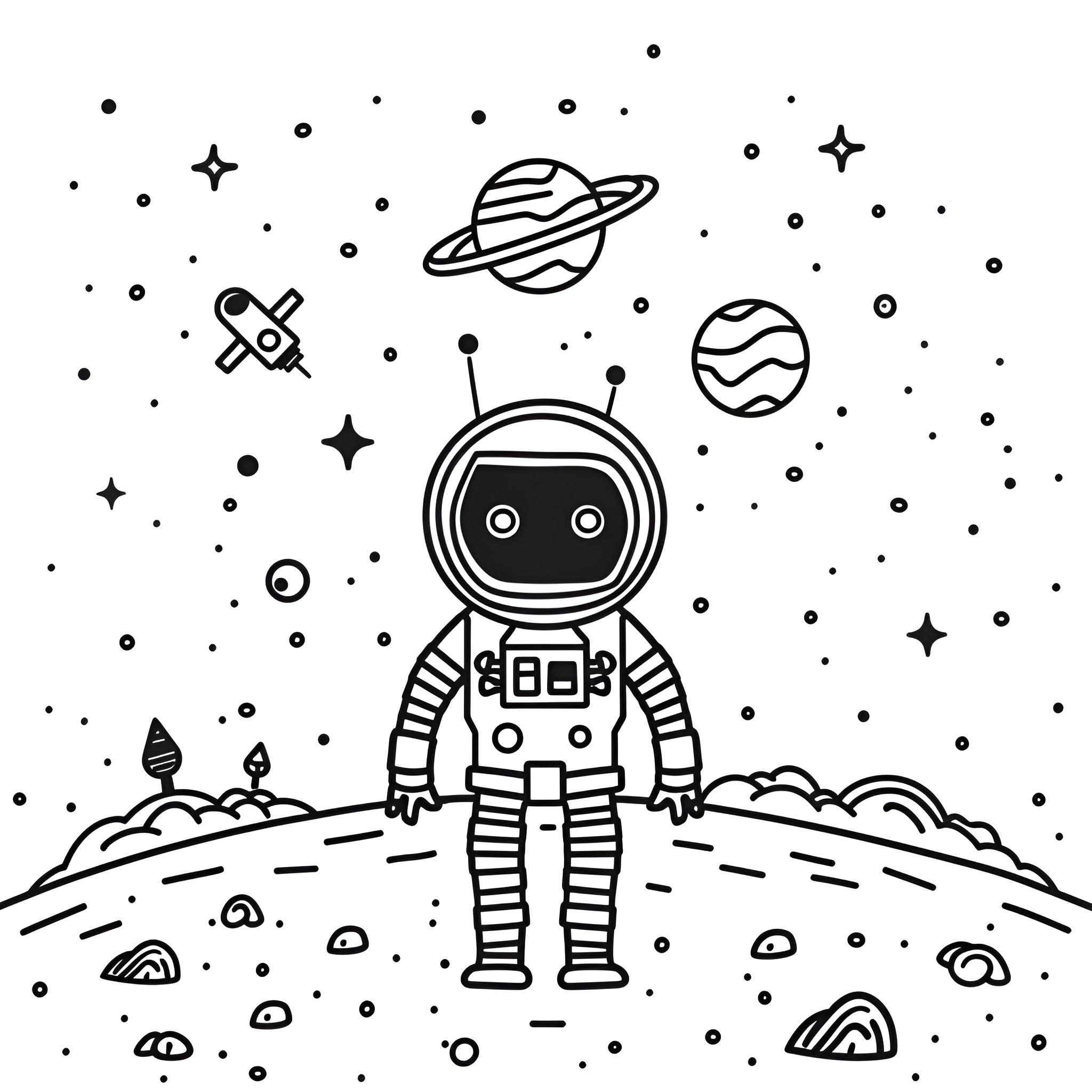 Outer Space Astronaut Exploring Celestial Landscape Drawing Idea (free black-and-white line drawing printable PDF for all, from beginners to advanced learners, including children, teens, adults, and seniors)