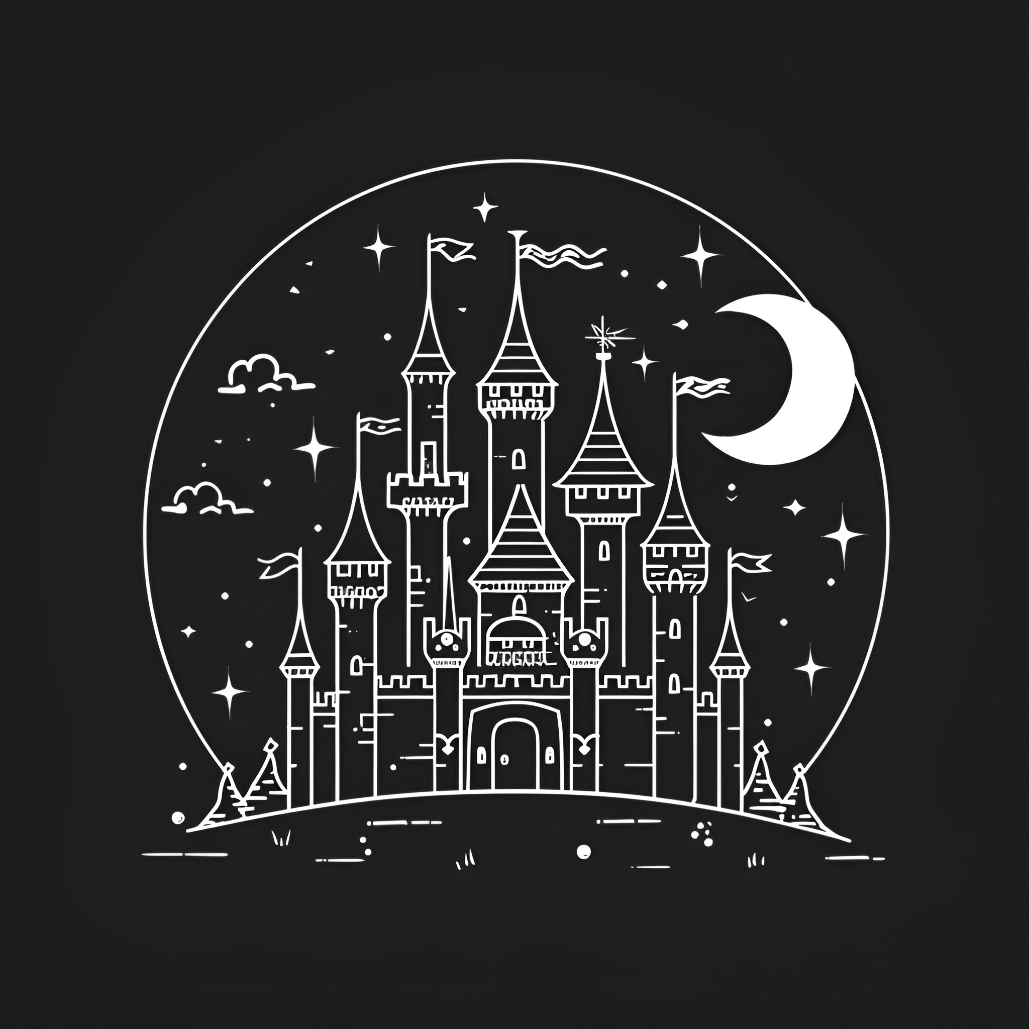 Unique Fantasy Castle Under the Stars Drawing Idea (free black-and-white line drawing printable PDF for all, from beginners to advanced learners, including children, teens, adults, and seniors)