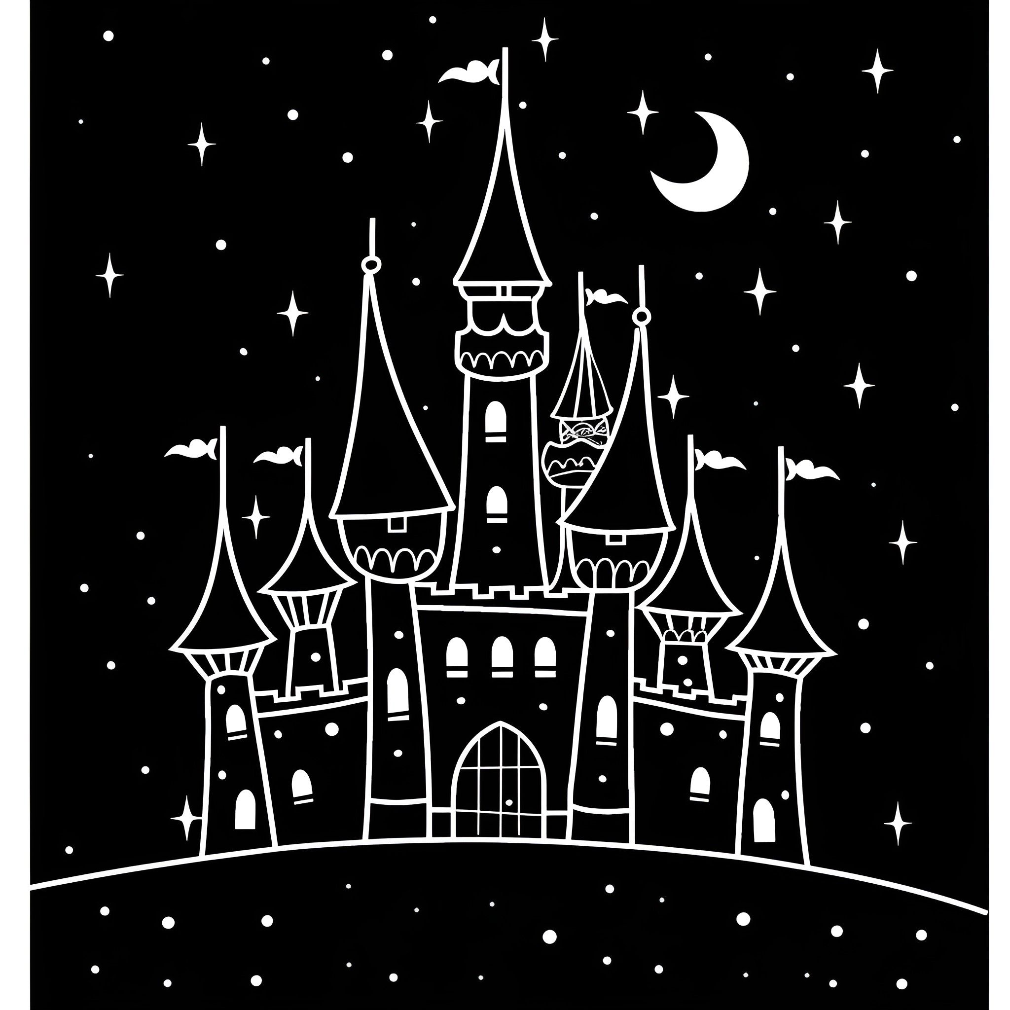 Unique Enchanting Fairytale Castle in Starry Night Drawing Idea (free black-and-white line drawing printable PDF for all, from beginners to advanced learners, including children, teens, adults, and seniors)