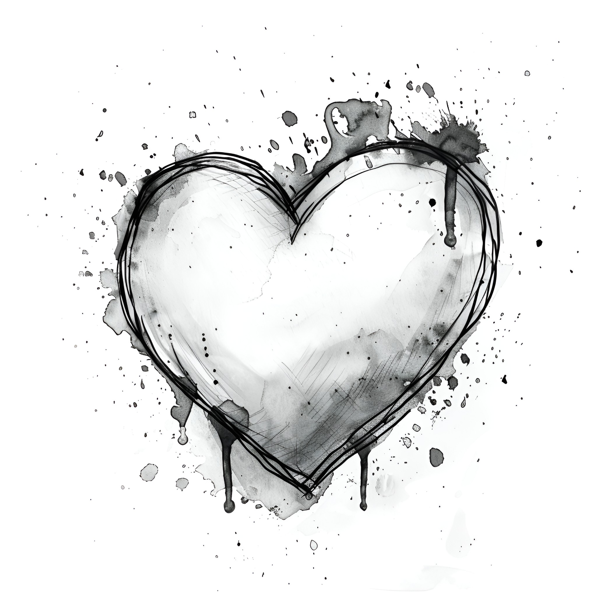 Heart in Ink and Splatter Drawing Idea (free black-and-white line drawing printable PDF for all, from beginners to advanced learners, including children, teens, adults, and seniors)
