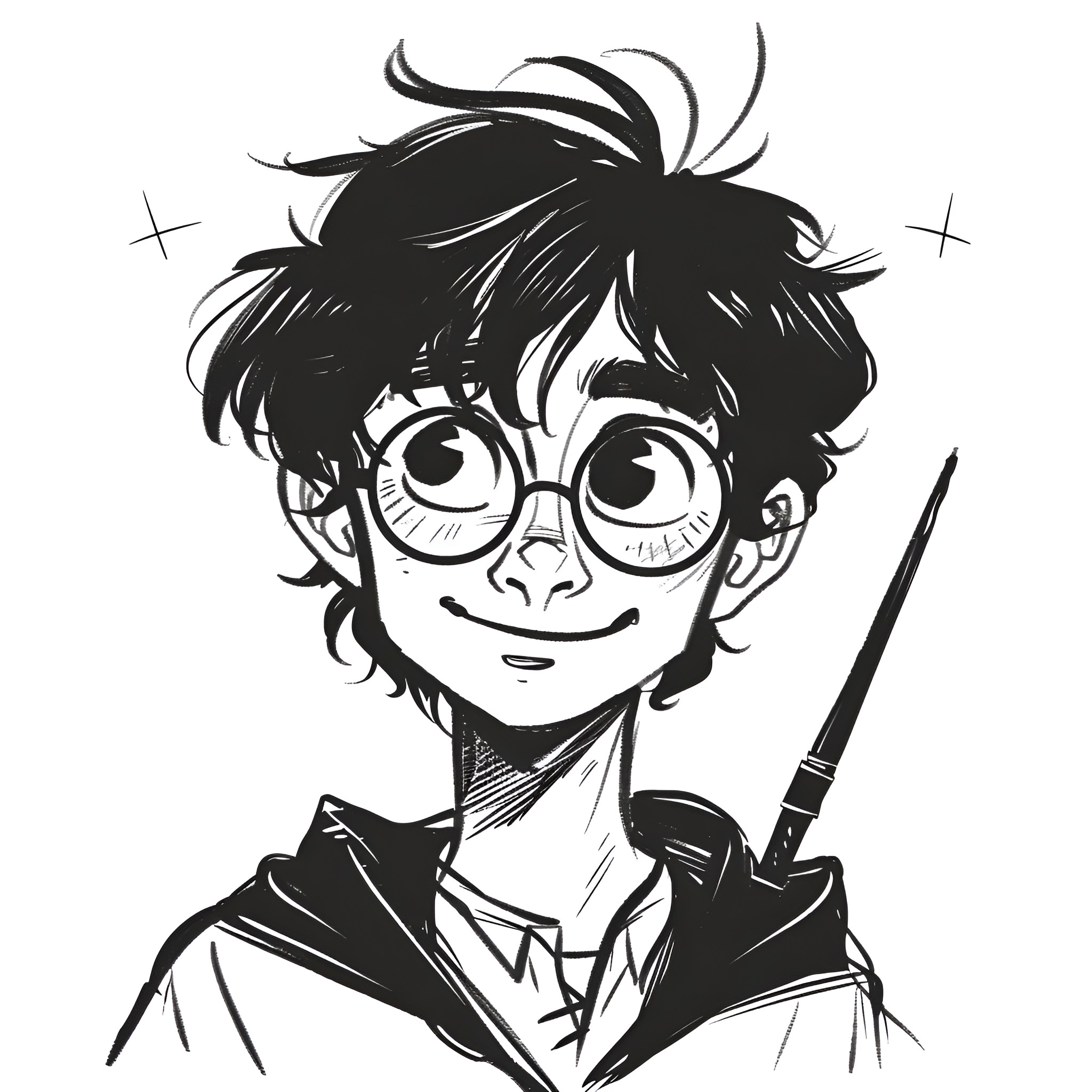 Harry Potter with Wand and Glasses Drawing Idea (free black-and-white line drawing printable PDF for all, from beginners to advanced learners, including children, teens, adults, and seniors)