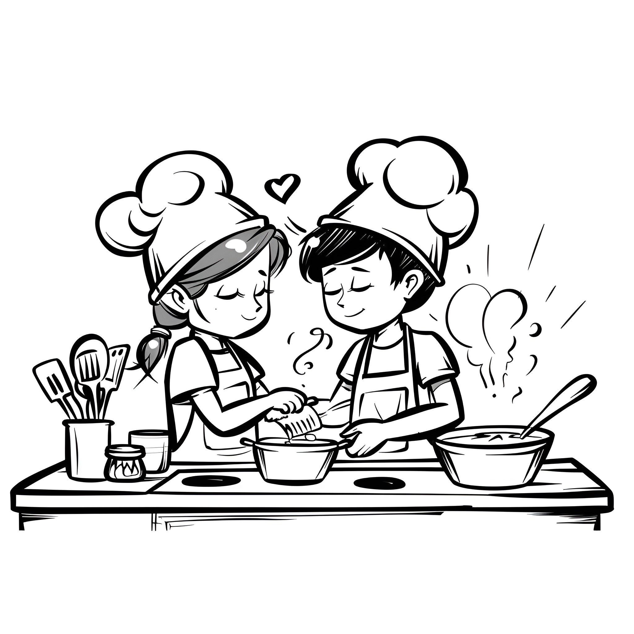 Love of Cooking: Children Enjoying Meal Preparation Drawing Idea (free black-and-white line drawing printable PDF for all, from beginners to advanced learners, including children, teens, adults, and seniors)