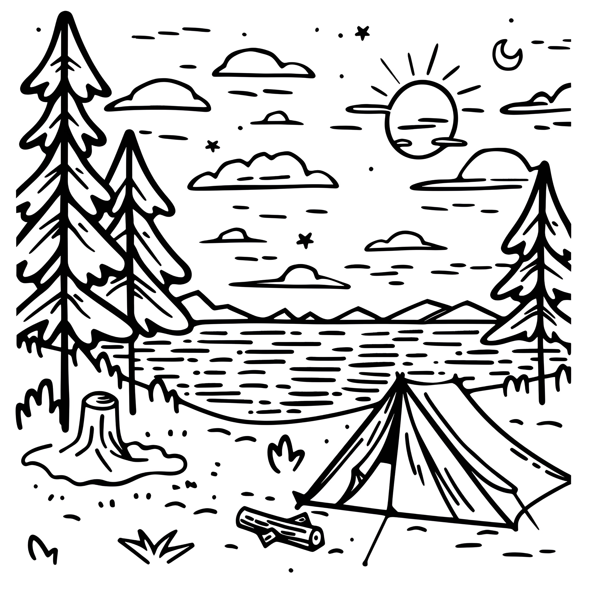 Summer Camping Adventure in the Wilderness Drawing Idea (free black-and-white line drawing printable PDF for all, from beginners to advanced learners, including children, teens, adults, and seniors)