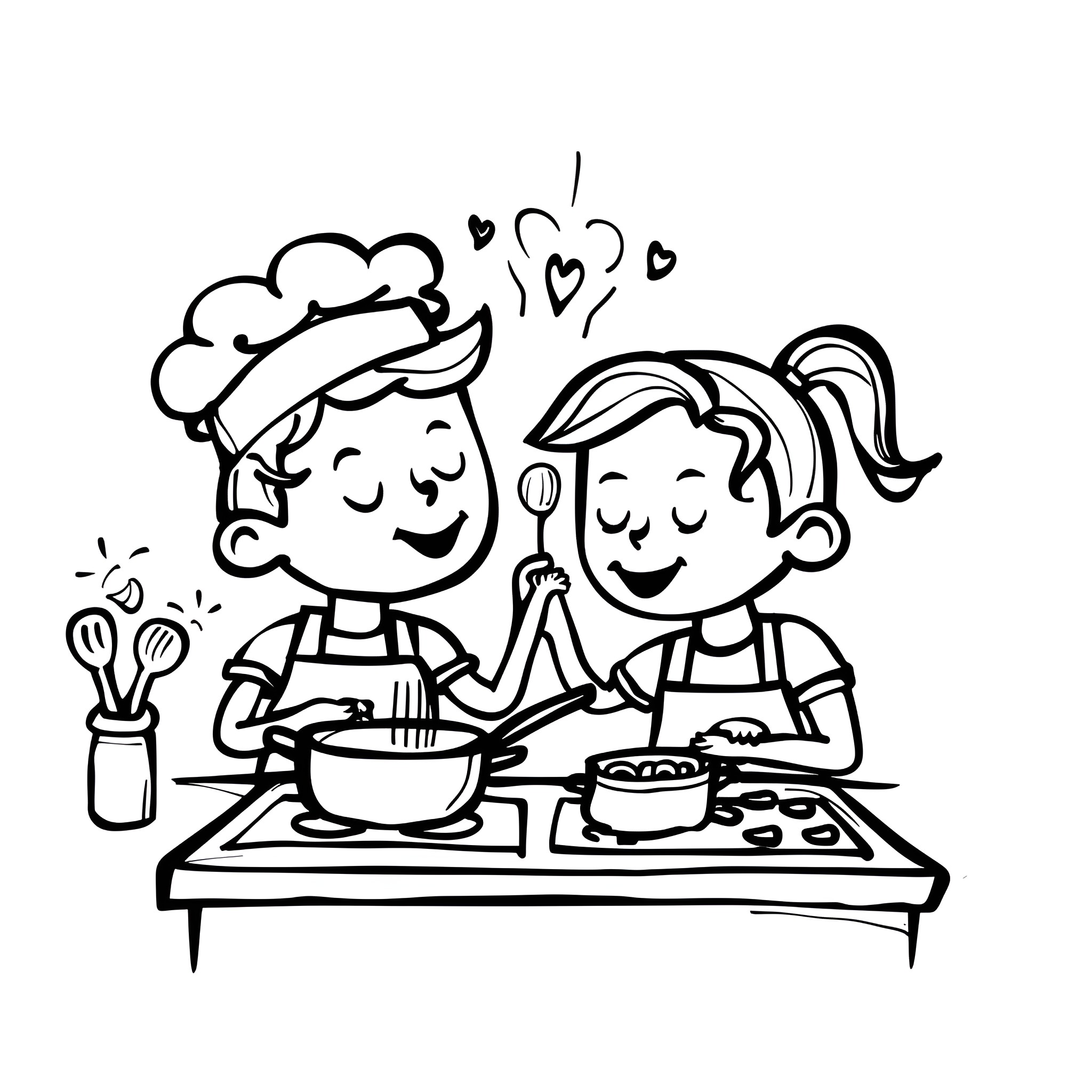 Love cooking together happily Drawing Idea (free black-and-white line drawing printable PDF for all, from beginners to advanced learners, including children, teens, adults, and seniors)
