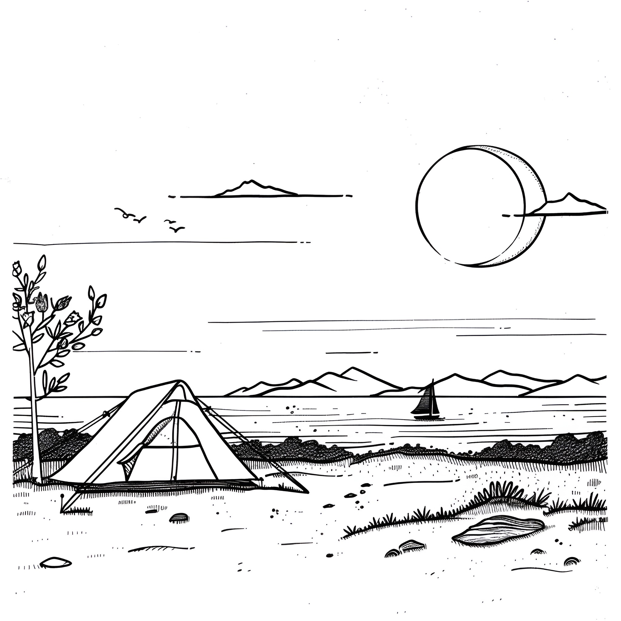 Summer camping scene with tent and nature Drawing Idea (free black-and-white line drawing printable PDF for all, from beginners to advanced learners, including children, teens, adults, and seniors)