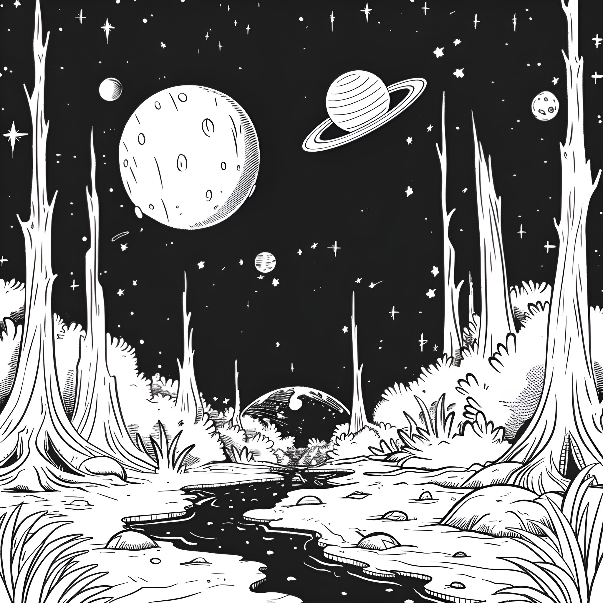 Outer Space alien astronaut exploring fantasy landscape Drawing Idea (free black-and-white line drawing printable PDF for all, from beginners to advanced learners, including children, teens, adults, and seniors)