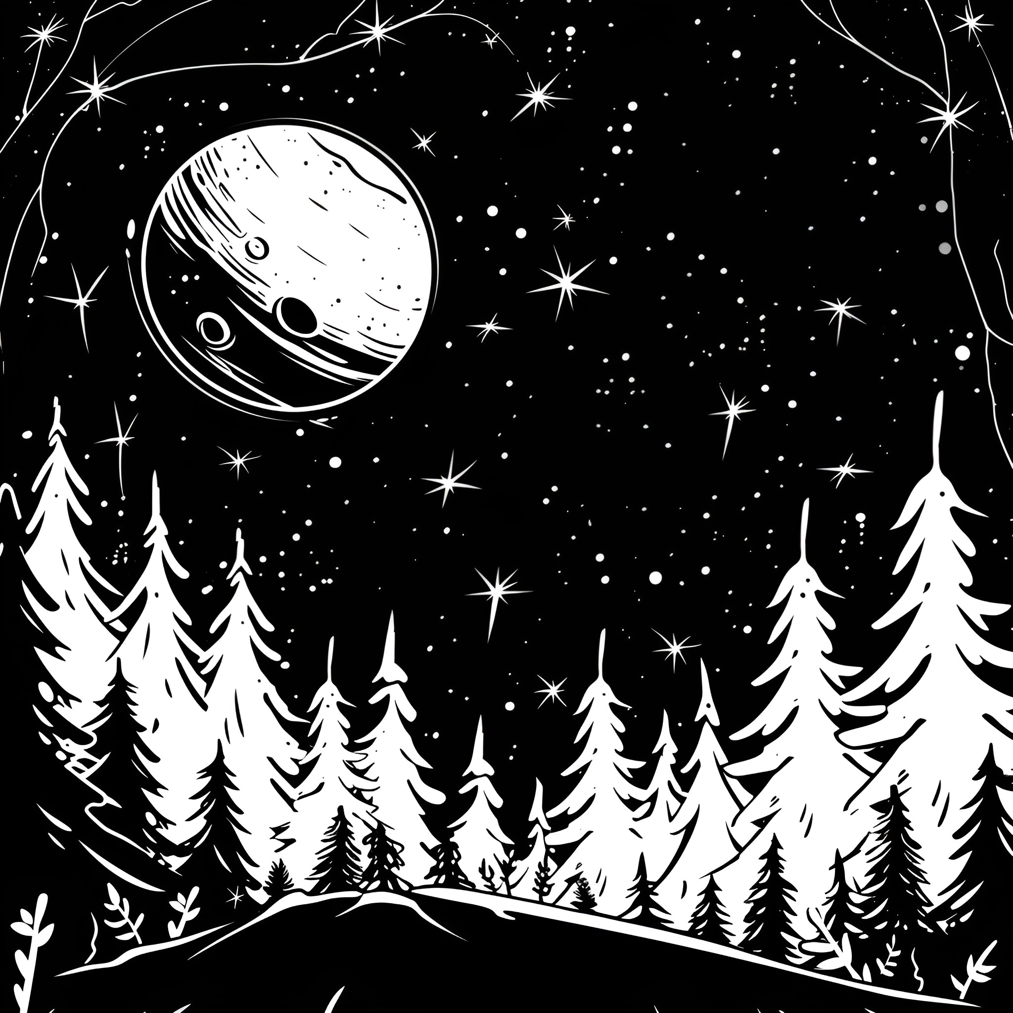 Outer Space Wintry Wonderland Scene Drawing Idea (free black-and-white line drawing printable PDF for all, from beginners to advanced learners, including children, teens, adults, and seniors)