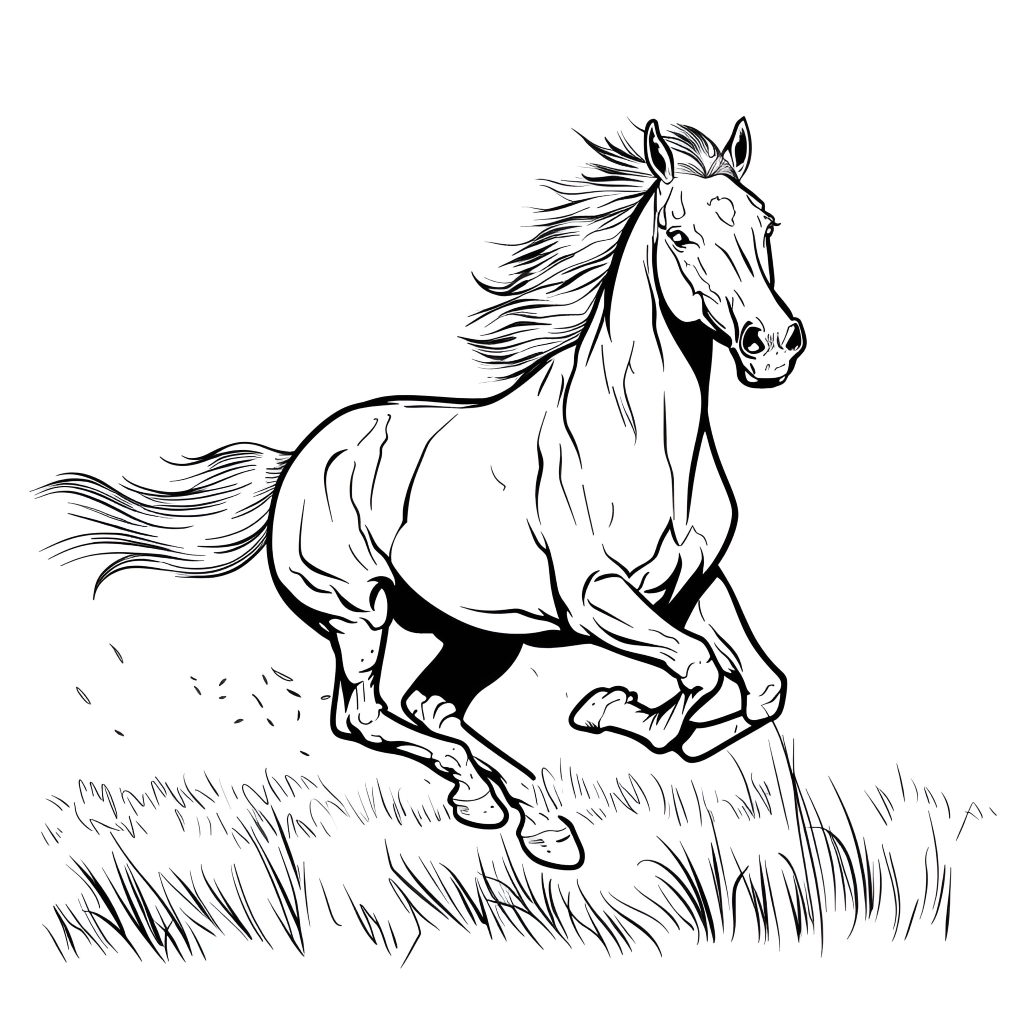 Unique Wild Horse Running Across the Field Drawing Idea (free black-and-white line drawing printable PDF for all, from beginners to advanced learners, including children, teens, adults, and seniors)