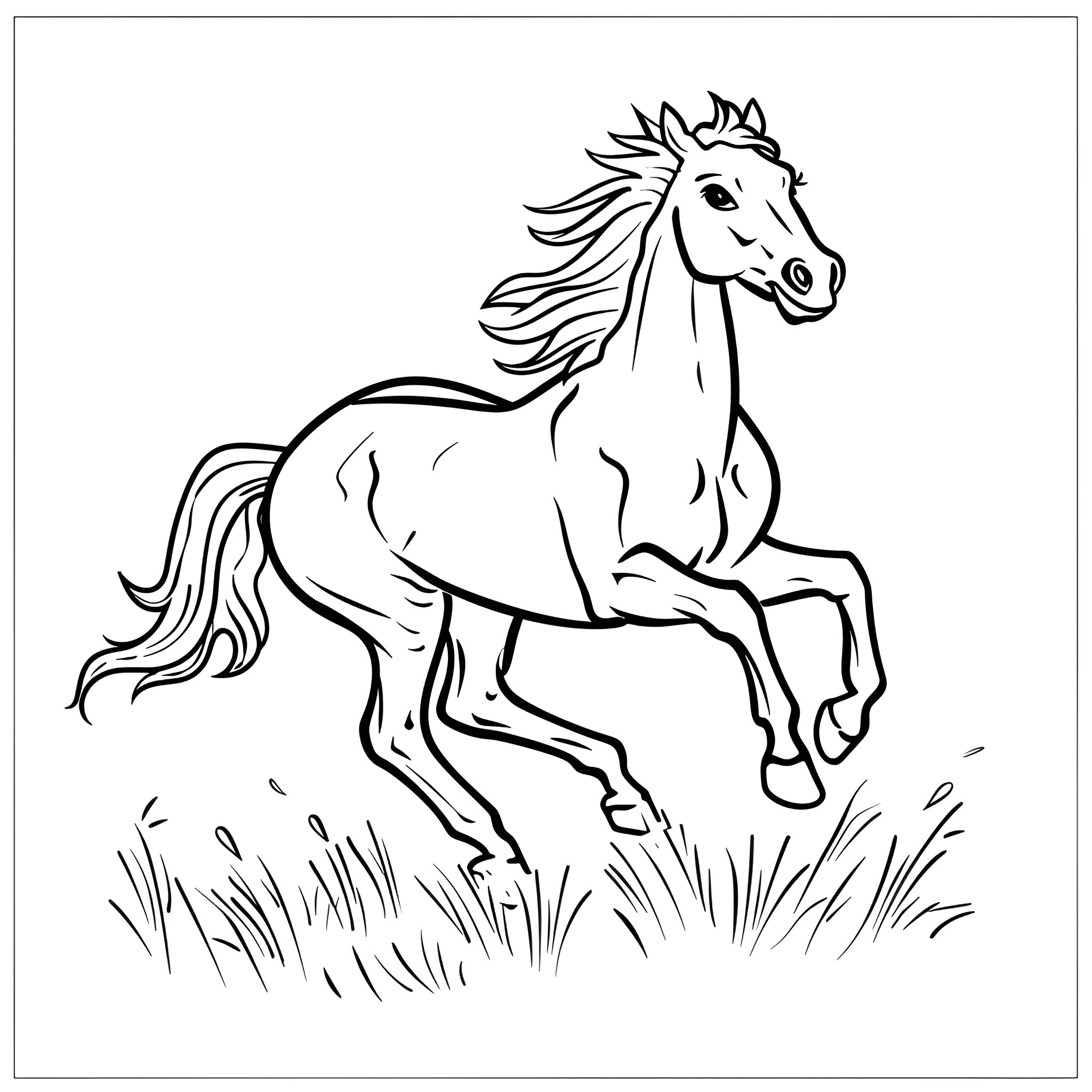 Unique Powerful Horse in Motion Drawing Idea (free black-and-white line drawing printable PDF for all, from beginners to advanced learners, including children, teens, adults, and seniors)