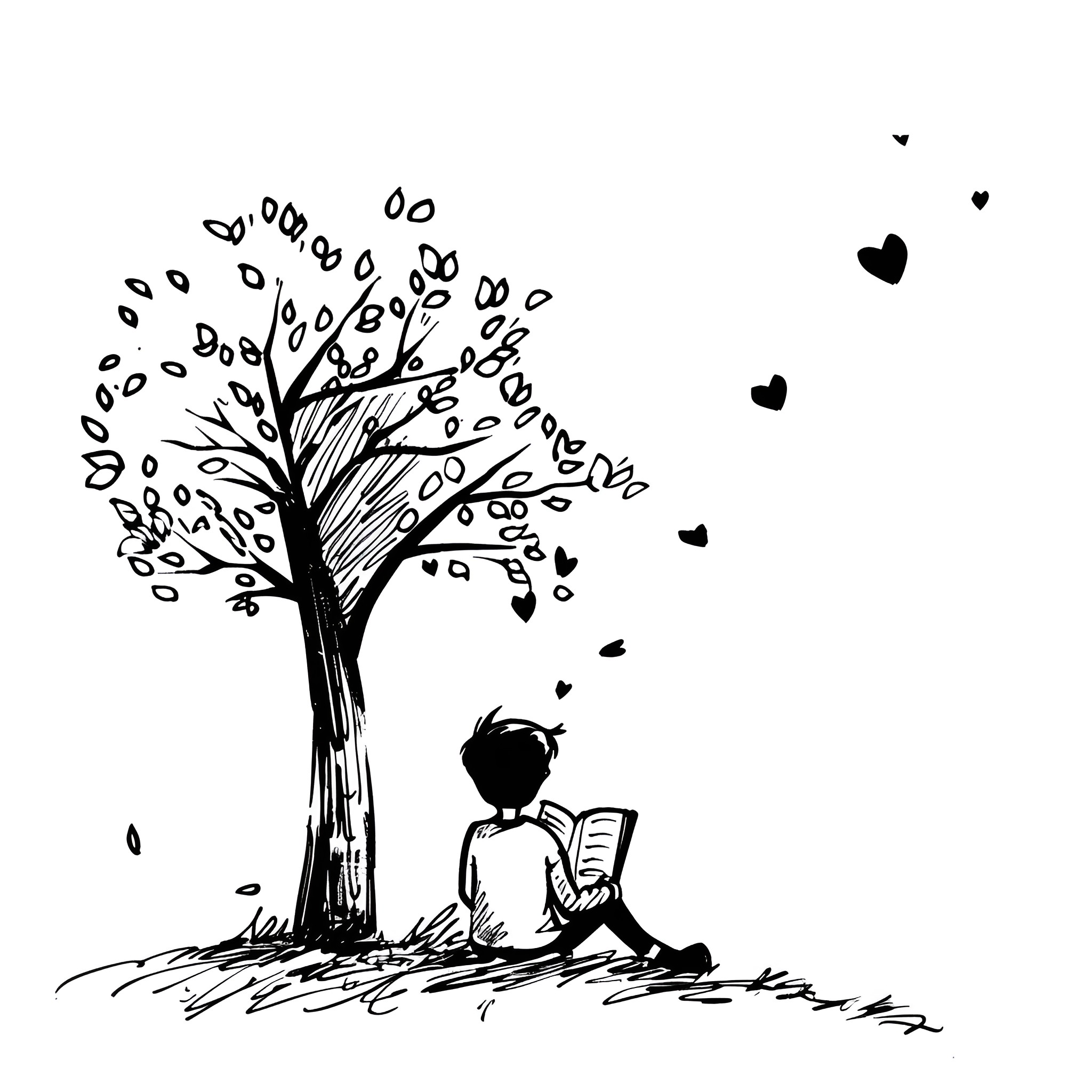 Love blossoming under the tree Drawing Idea (free black-and-white line drawing printable PDF for all, from beginners to advanced learners, including children, teens, adults, and seniors)